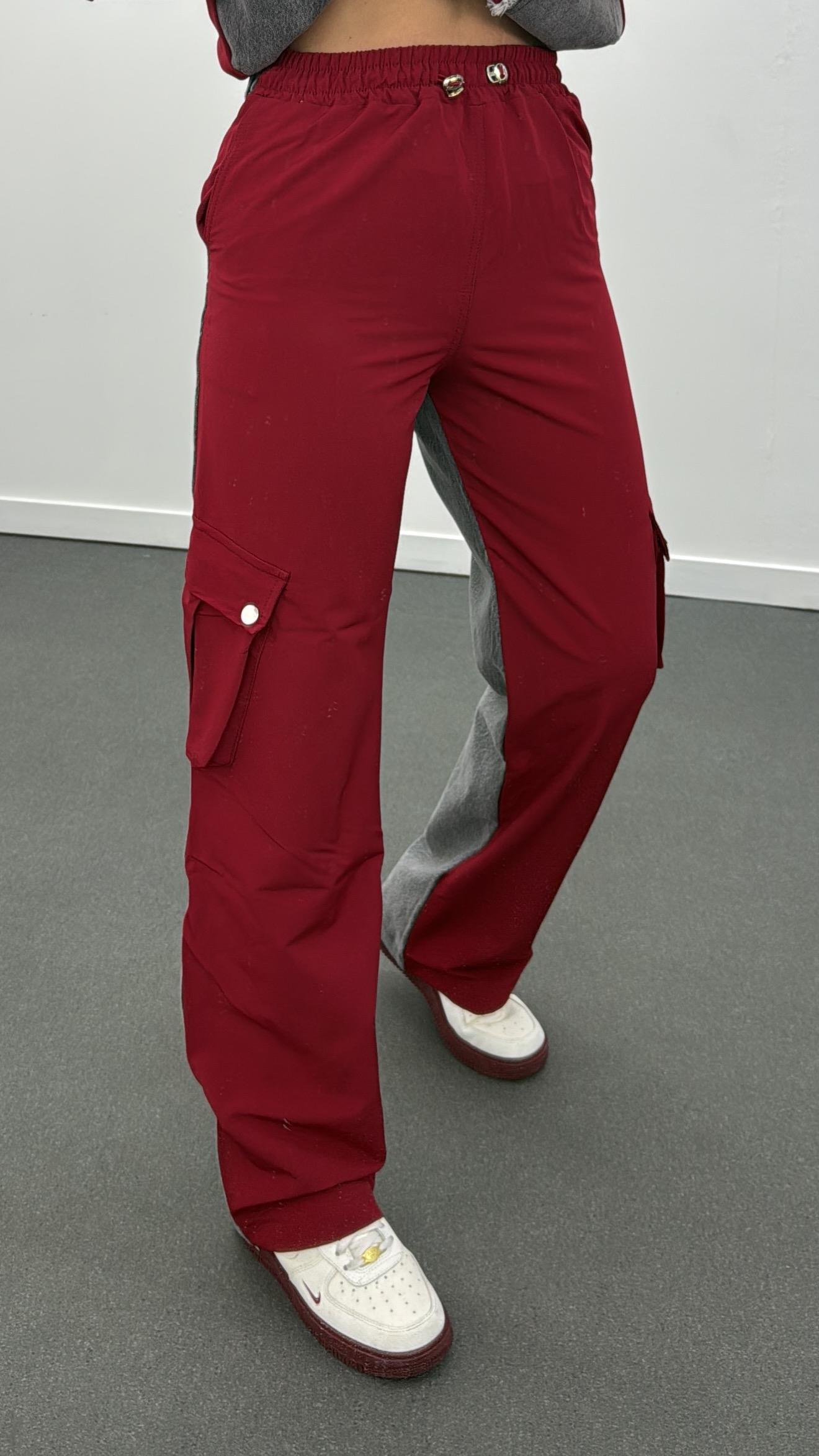 Yazda Gri Bordo Denim Mix Paraşüt Ceket Pantolon Takım