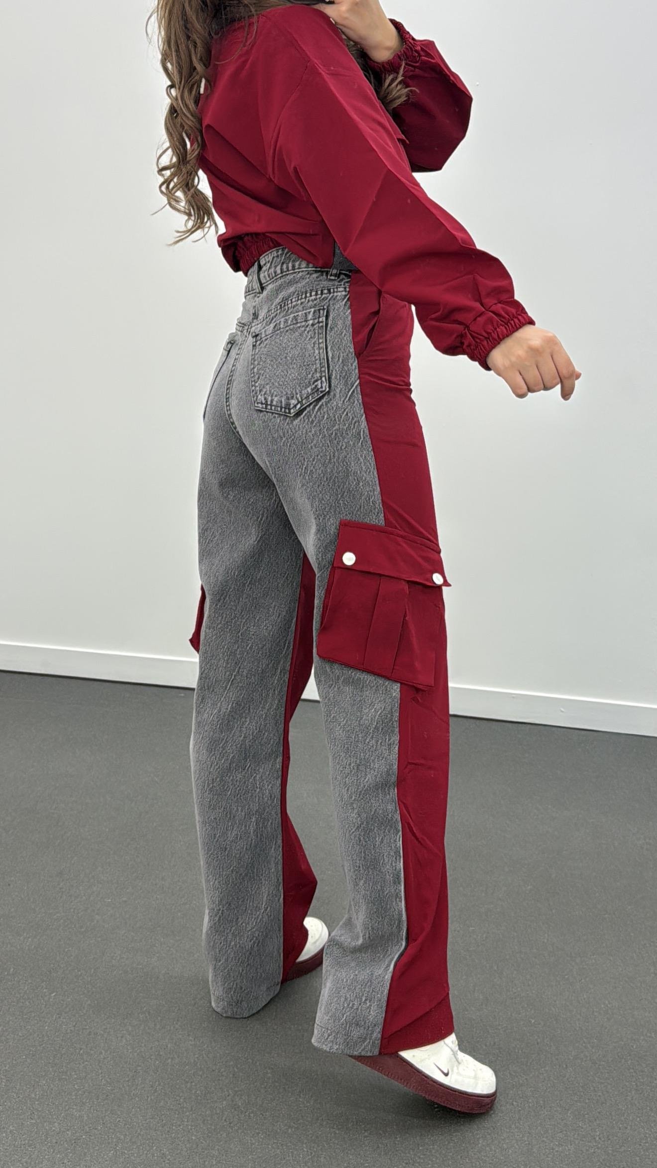 Yazda Gri Bordo Denim Mix Paraşüt Ceket Pantolon Takım