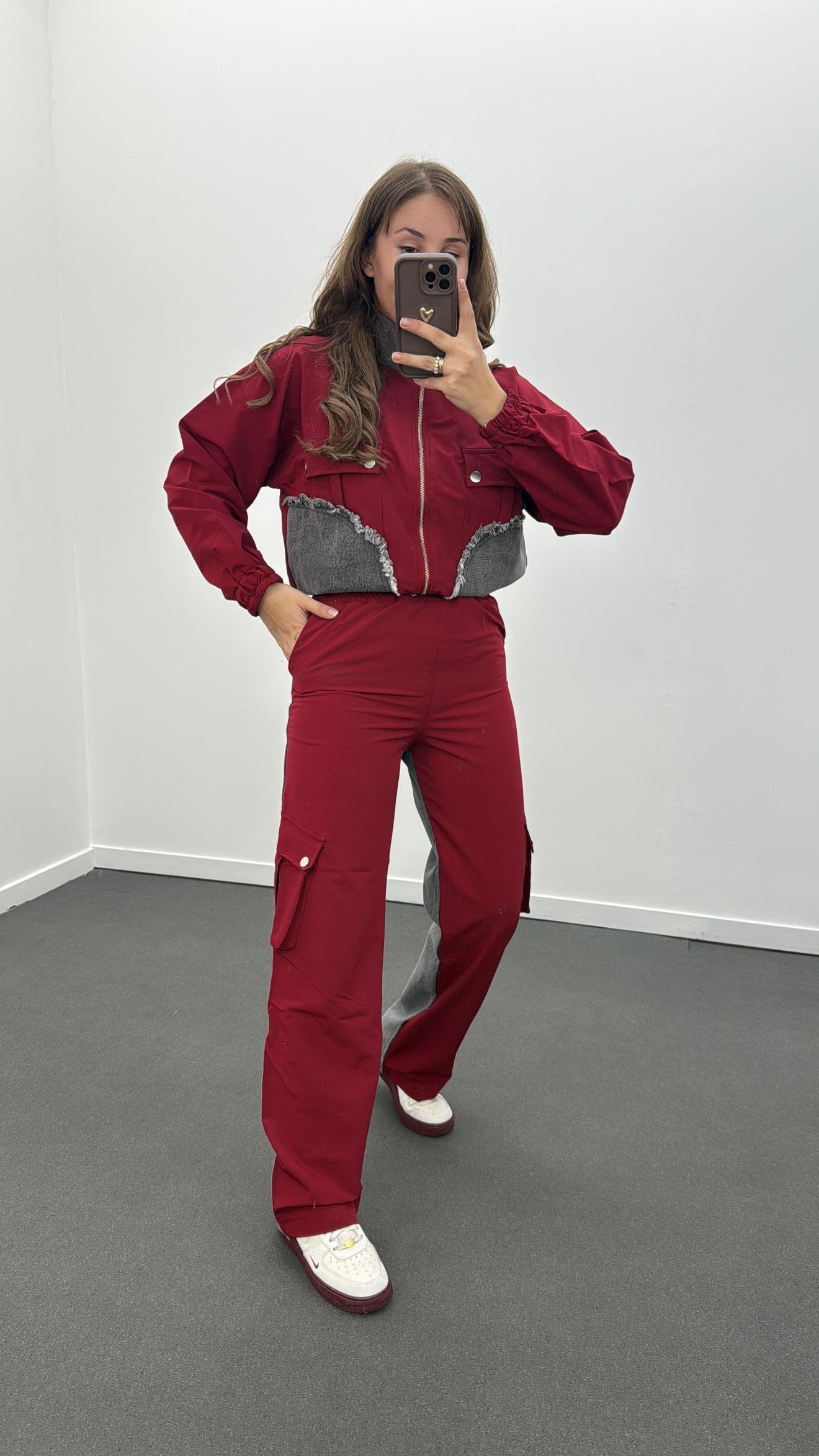 Yazda Gri Bordo Denim Mix Paraşüt Ceket Pantolon Takım