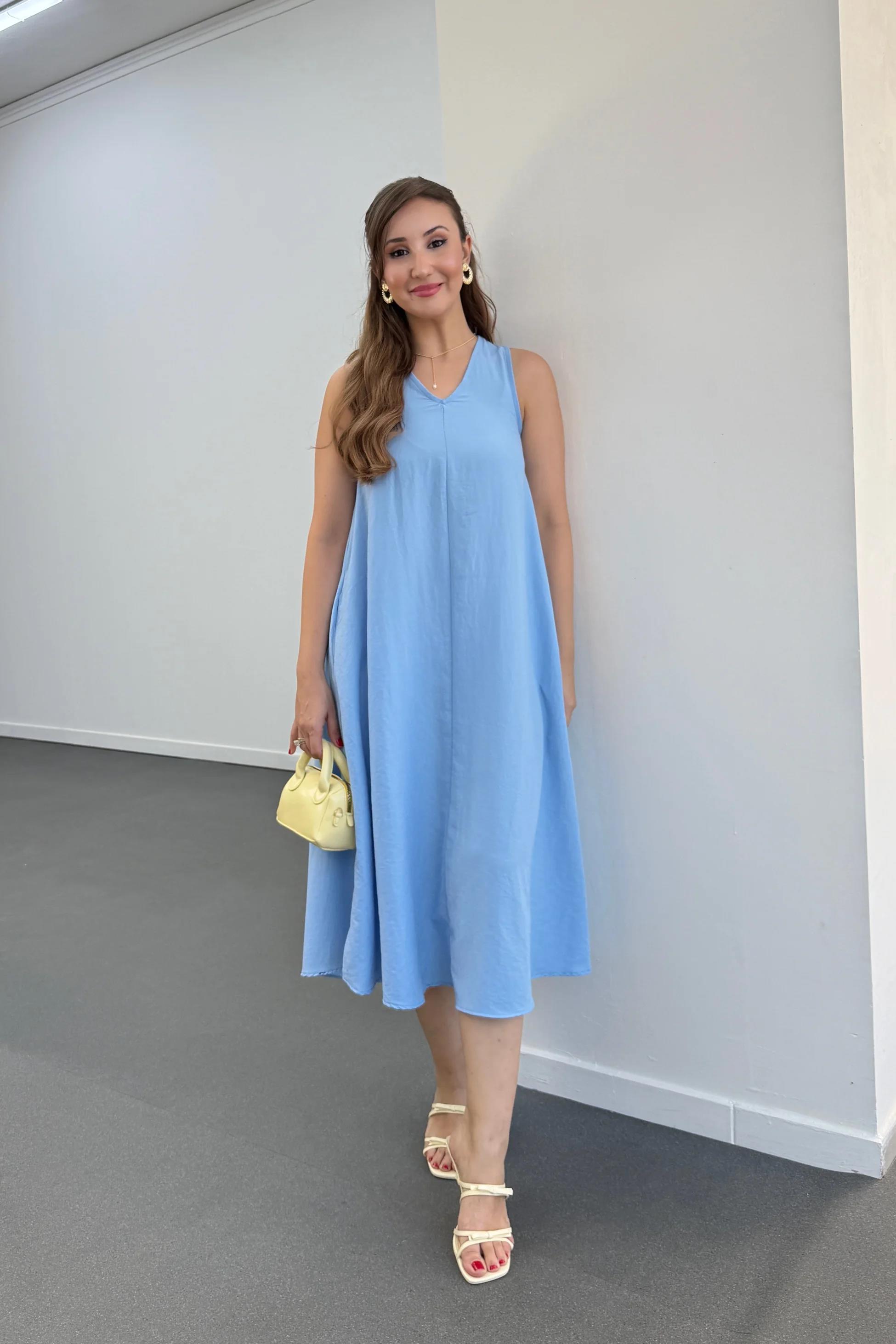 Yegor Bebe Mavi Cepli Rahat Midi Elbise