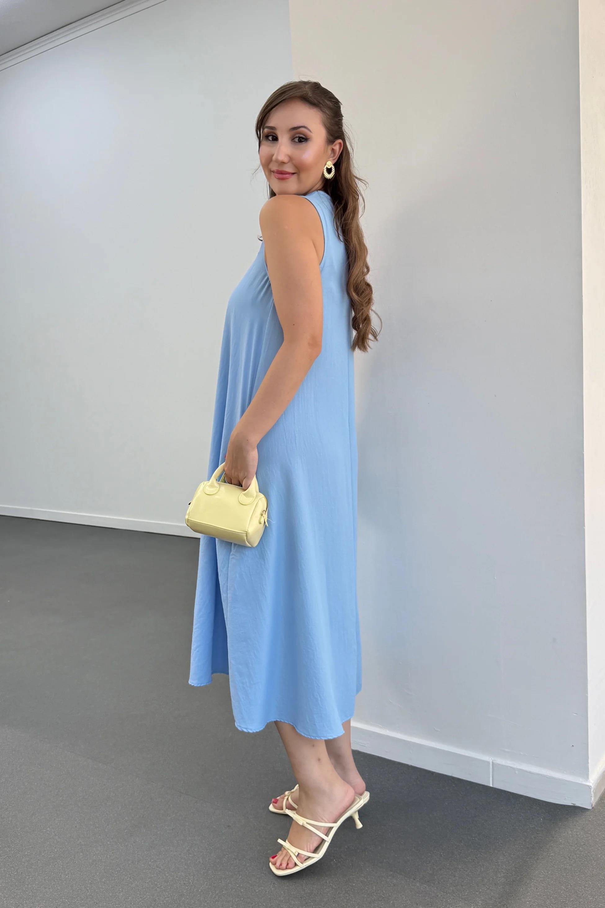 Yegor Bebe Mavi Cepli Rahat Midi Elbise