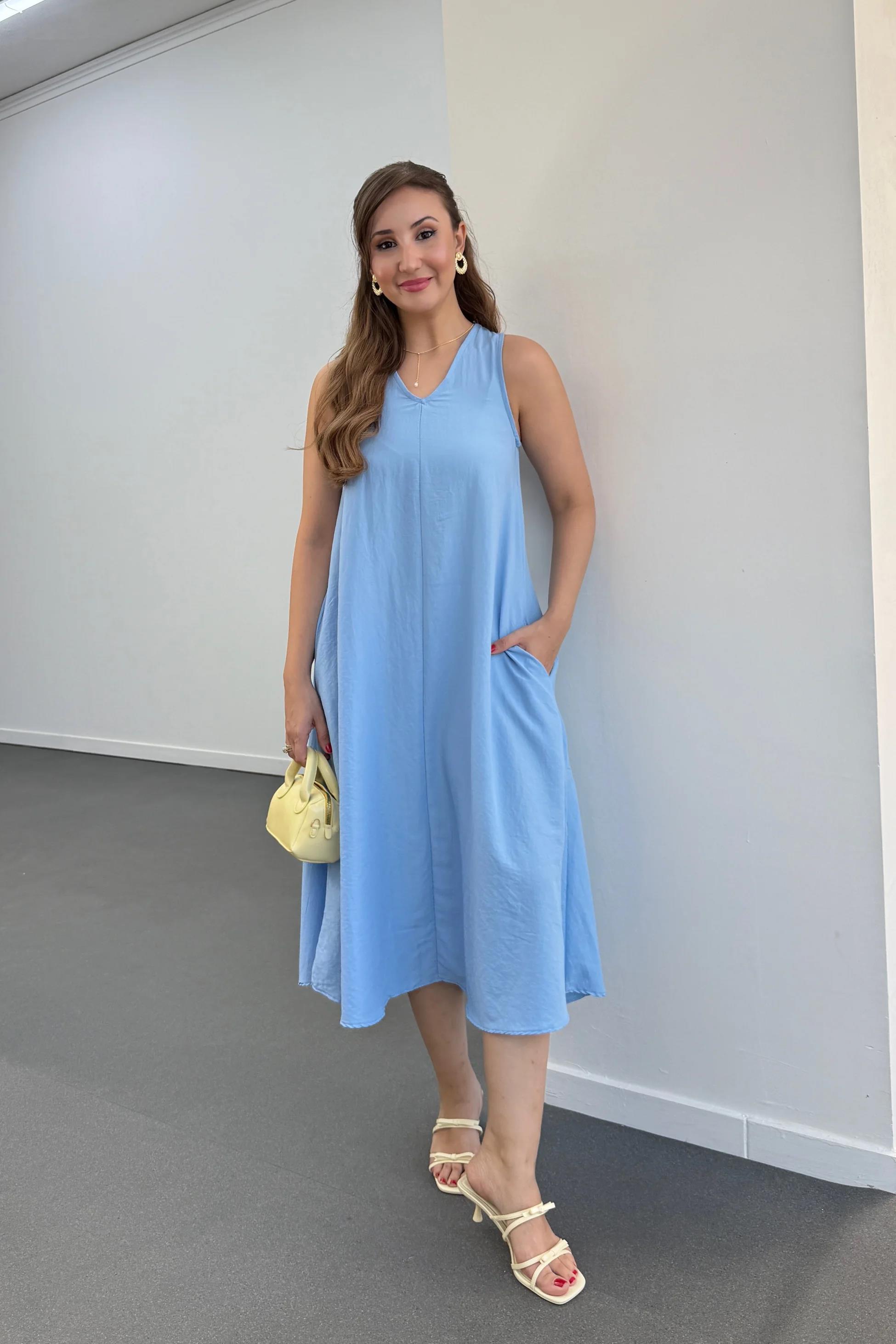 Yegor Bebe Mavi Cepli Rahat Midi Elbise