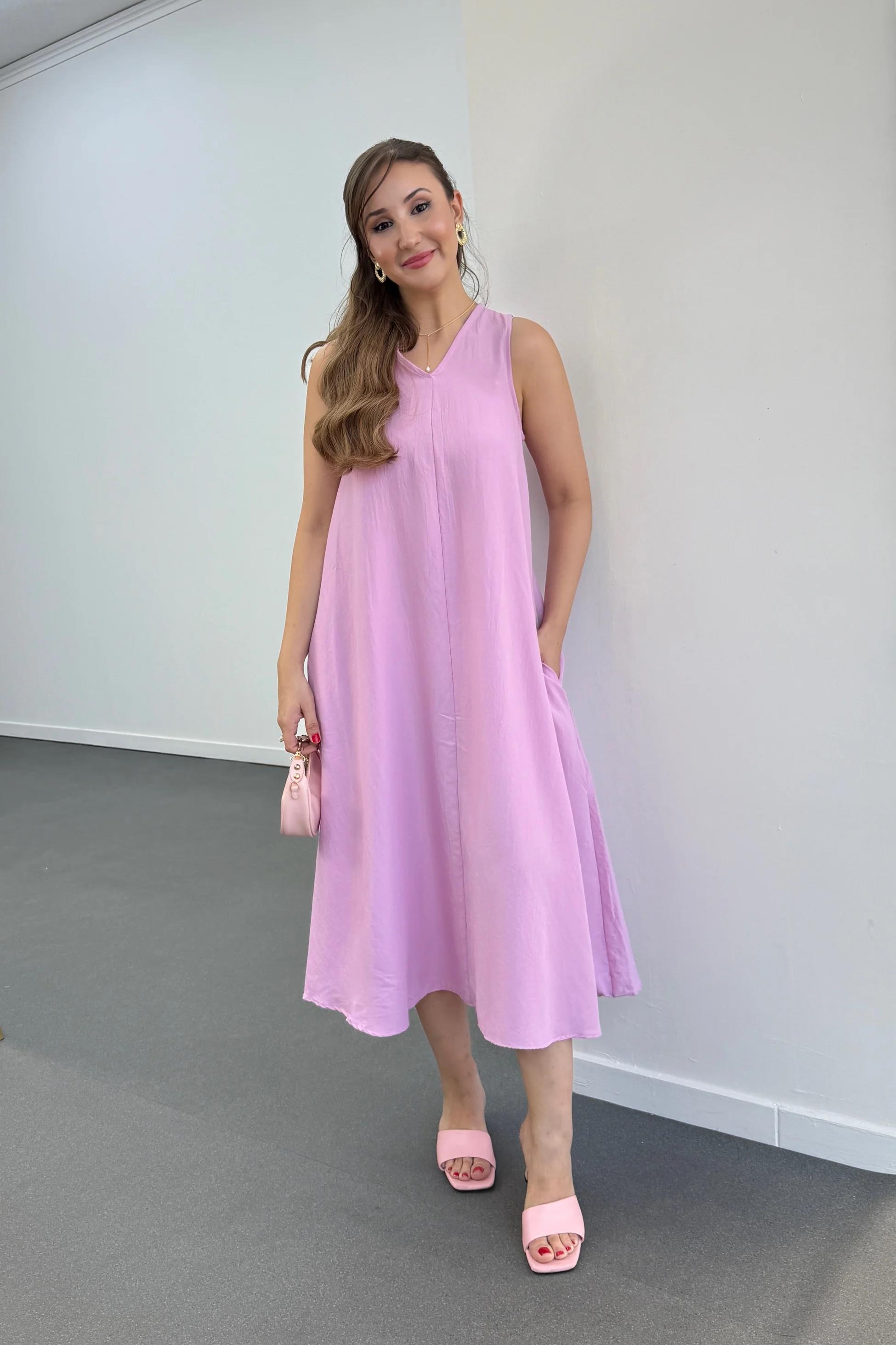 Yegor Pembe Cepli Rahat Midi Elbise