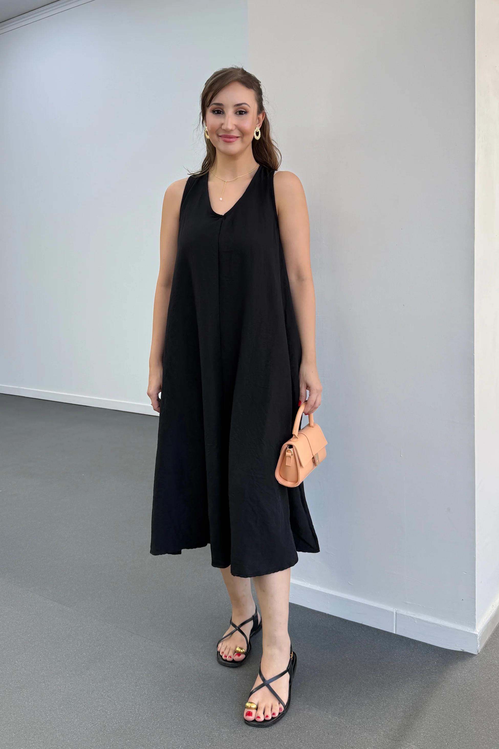 Yegor Siyah Cepli Rahat Midi Elbise