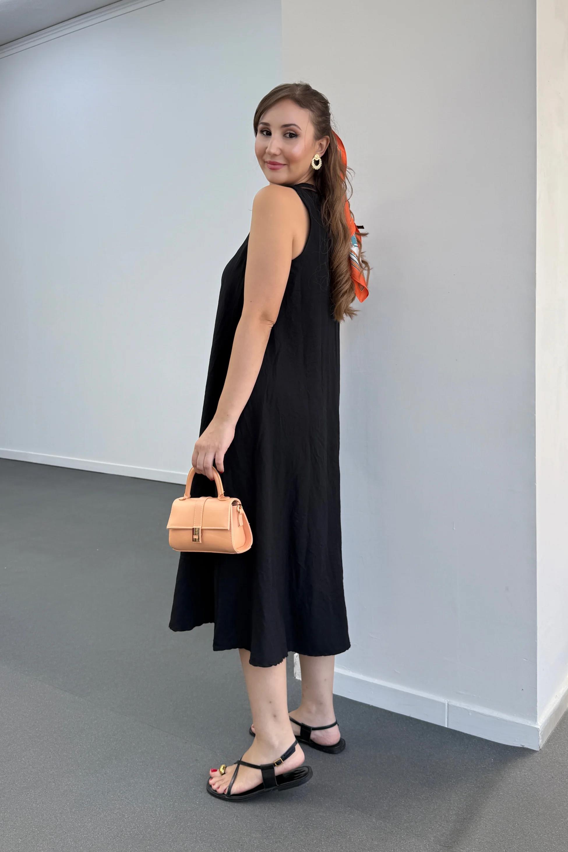 Yegor Siyah Cepli Rahat Midi Elbise