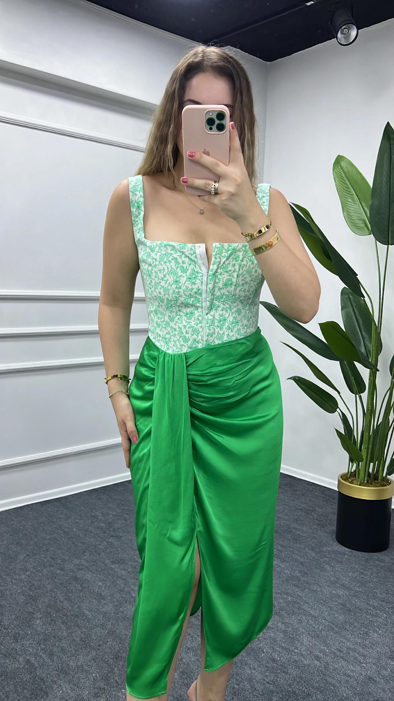 Yeşil Saten Beli Bağlamalı Etek