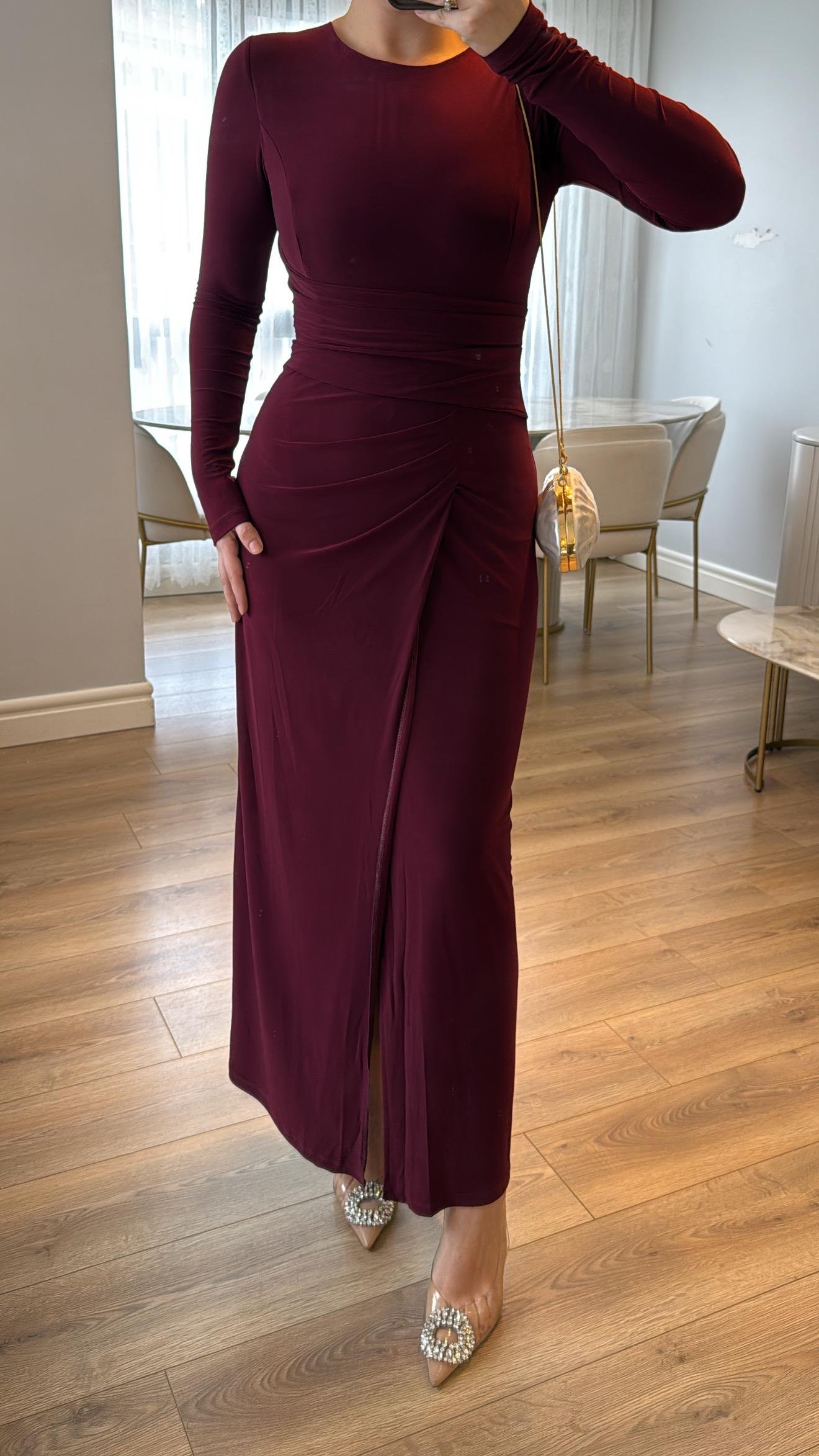 Zafira Bordo Drapeli Maxi Elbise