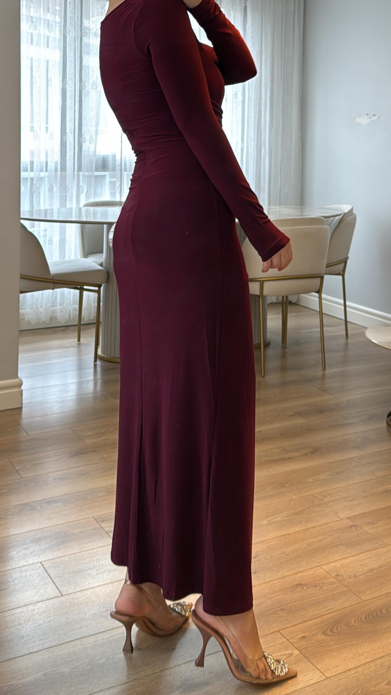 Zafira Bordo Drapeli Maxi Elbise