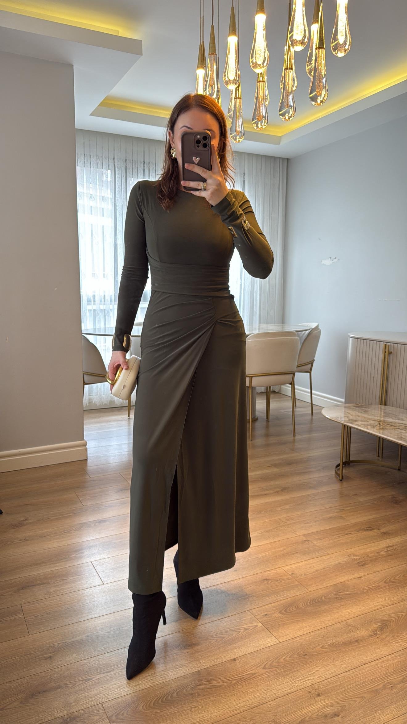 Zafira Haki Drapeli Maxi Elbise