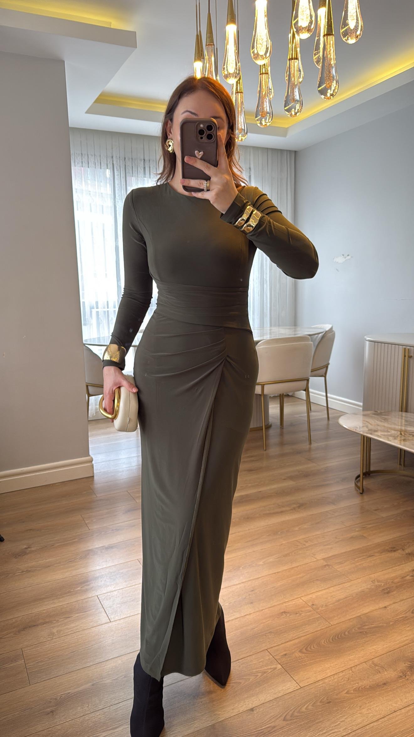 Zafira Haki Drapeli Maxi Elbise