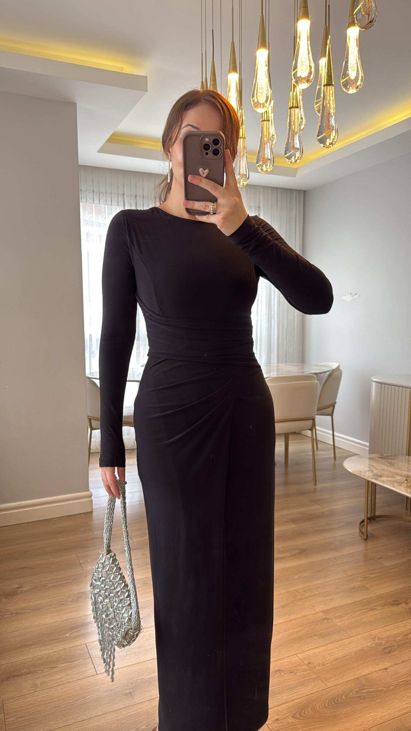 Zafira Siyah Drapeli Maxi Elbise