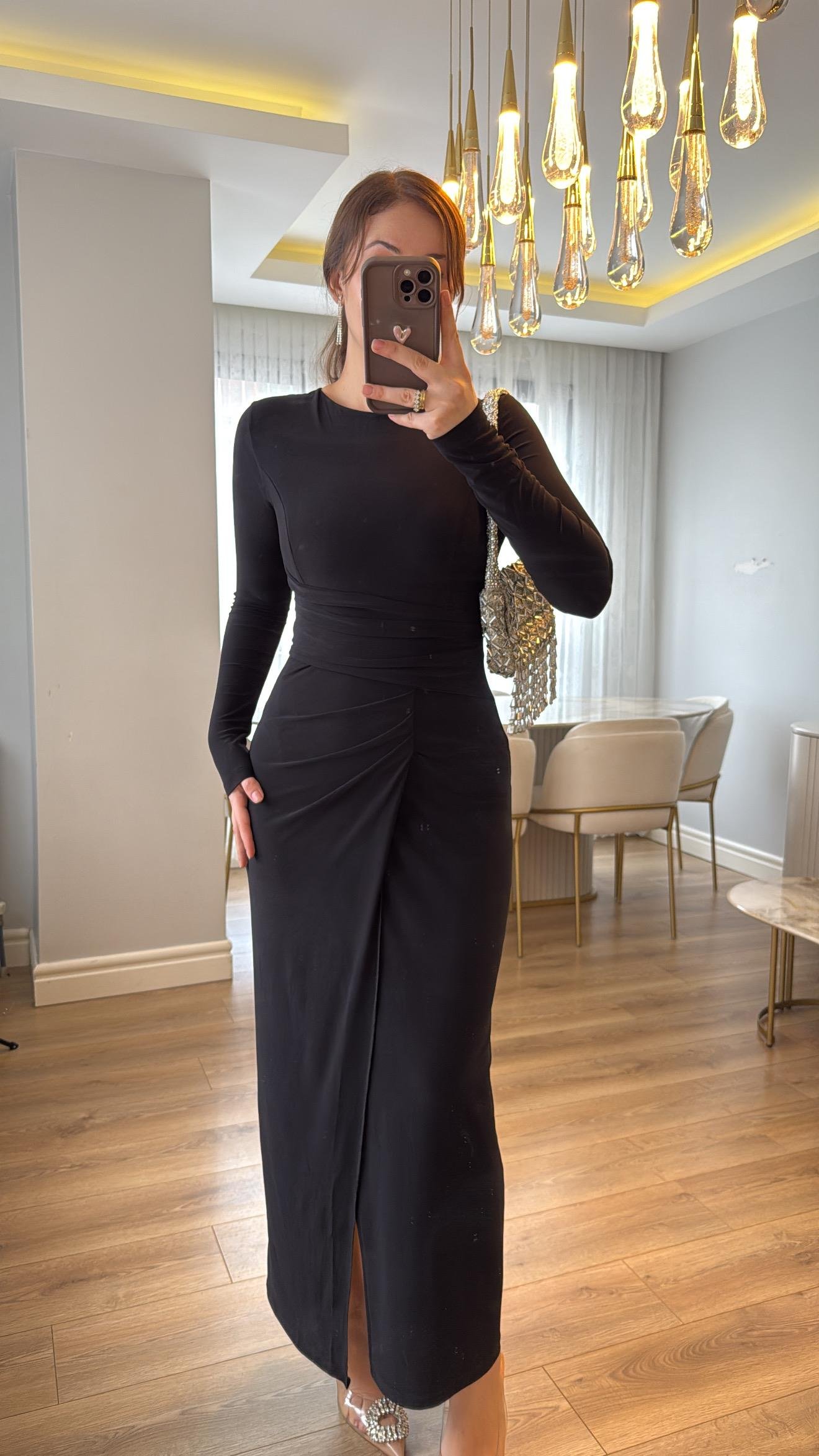 Zafira Siyah Drapeli Maxi Elbise