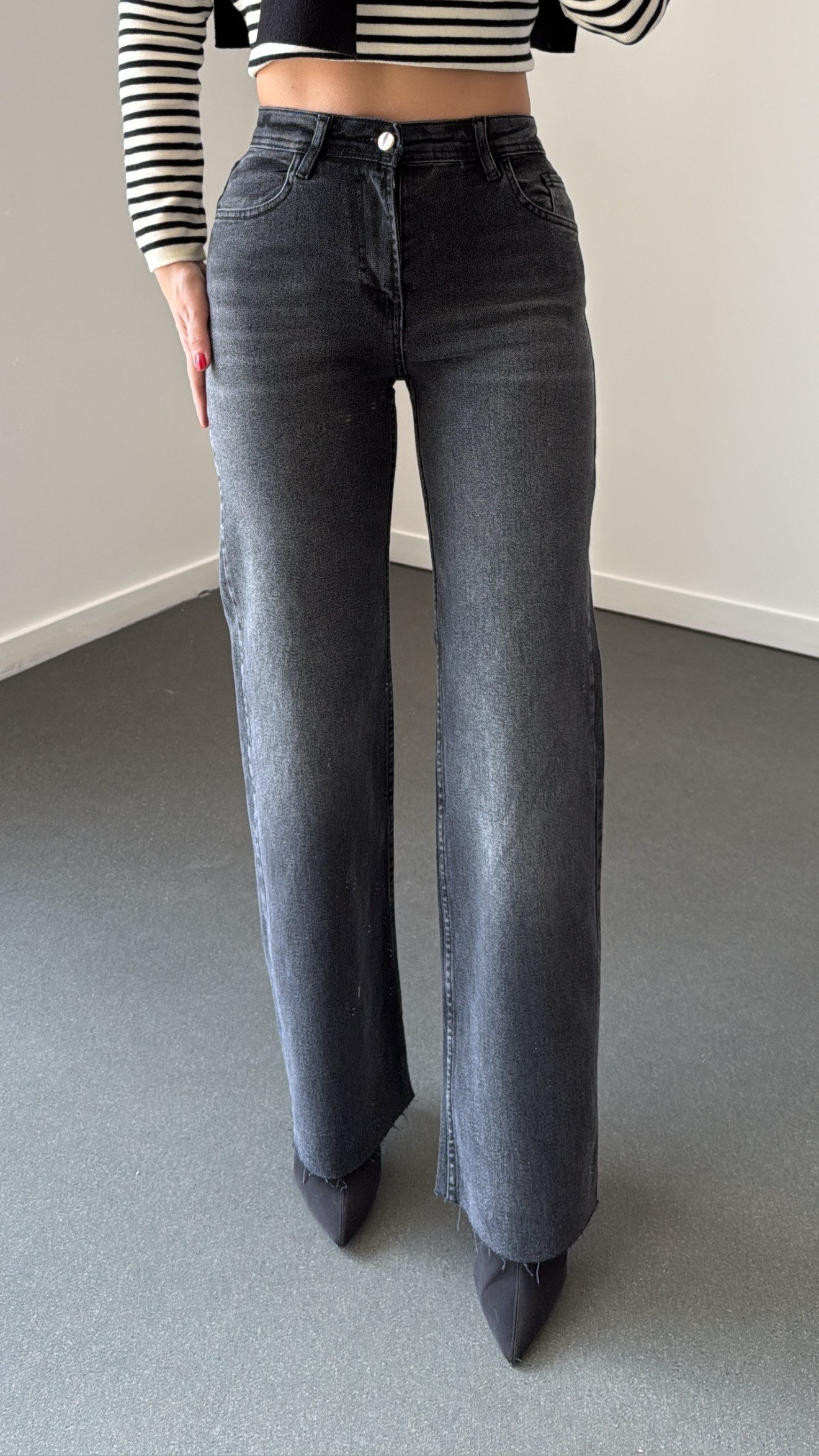 Zaylen Antrasit Yıkamalı Comfort Wide Leg Jean