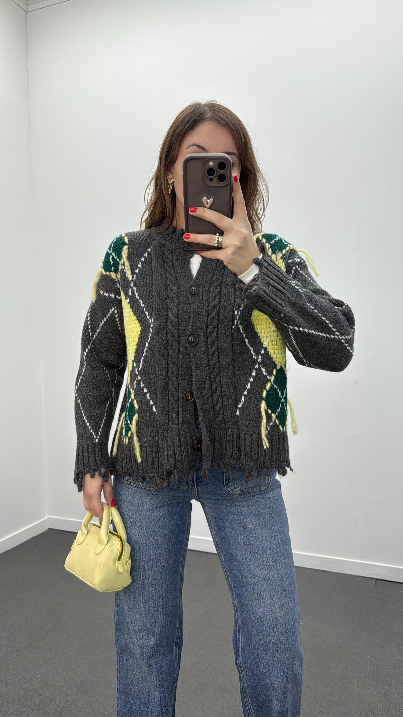 Zerlina Gri Baklava Desenli Premium Hırka