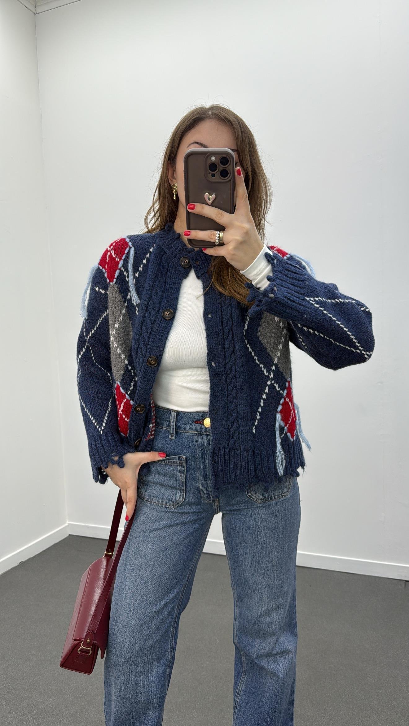 Zerlina Lacivert Baklava Desenli Premium Hırka