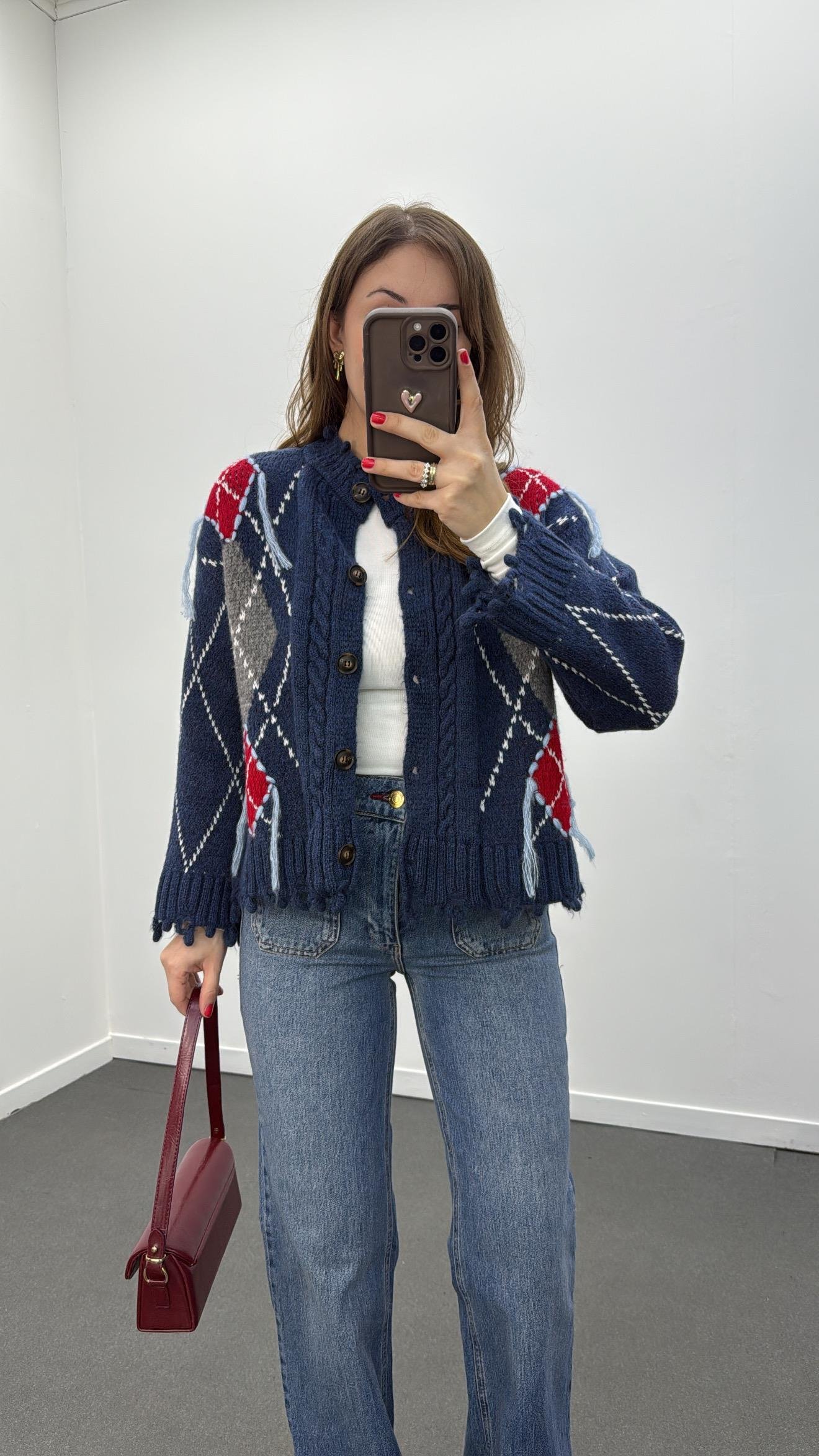 Zerlina Lacivert Baklava Desenli Premium Hırka