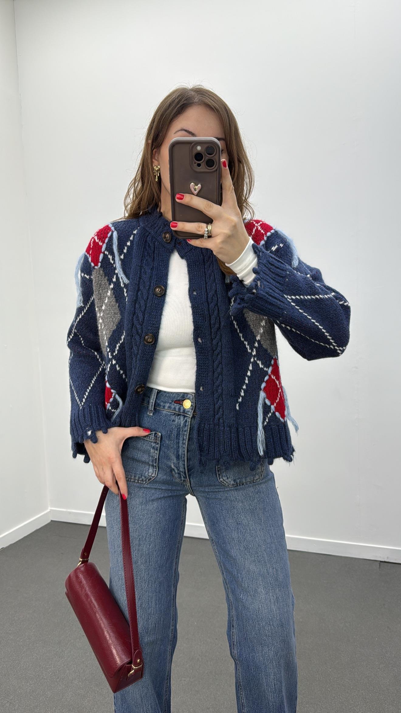 Zerlina Lacivert Baklava Desenli Premium Hırka