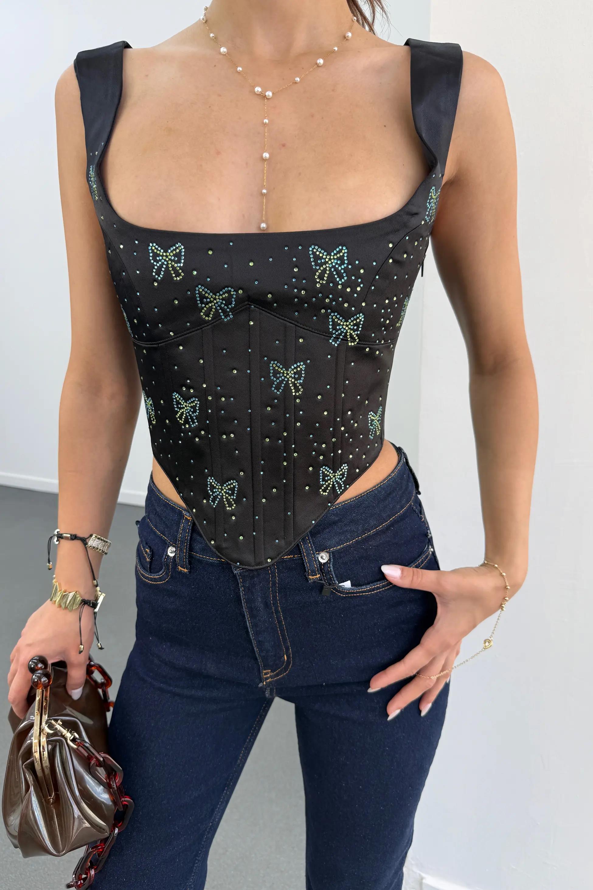 Zinar Siyah Saten Taşlı Korse Büstiyer