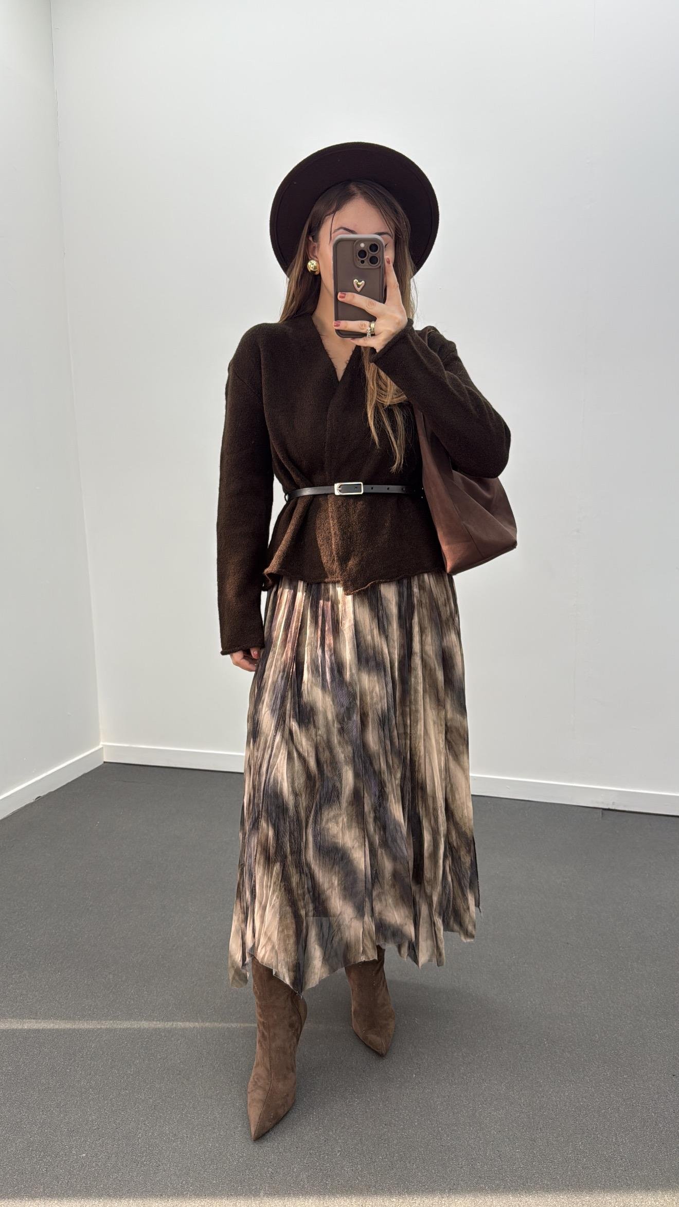 Zoey Kahve Desenli Asimetrik Astarlı Midi Etek