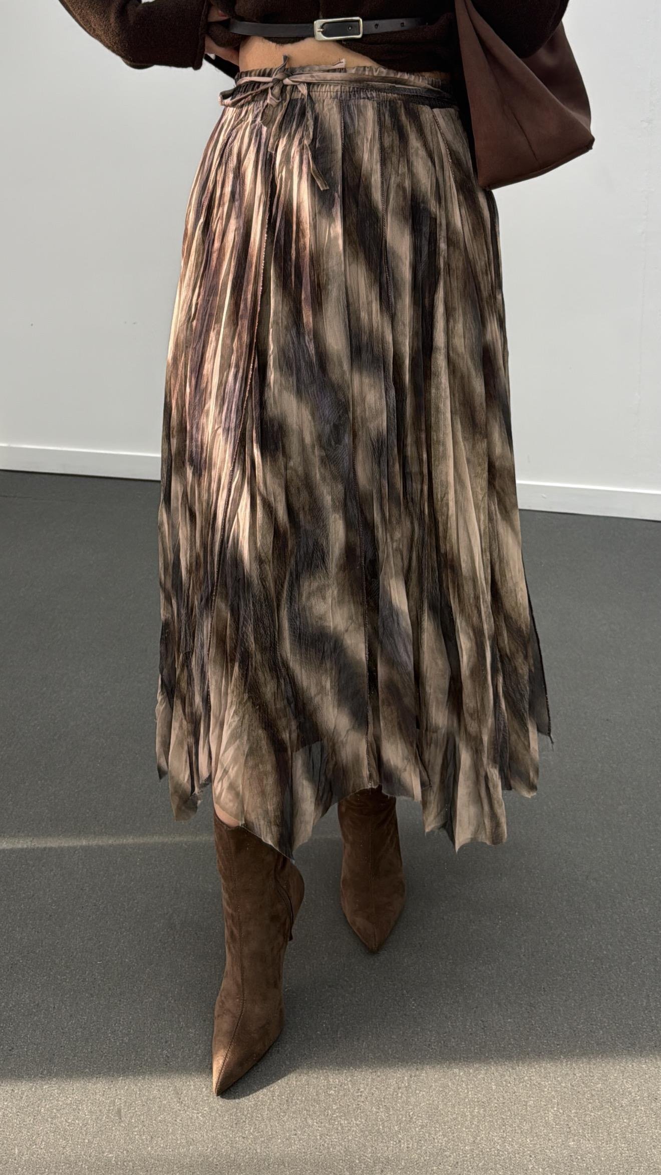 Zoey Kahve Desenli Asimetrik Astarlı Midi Etek