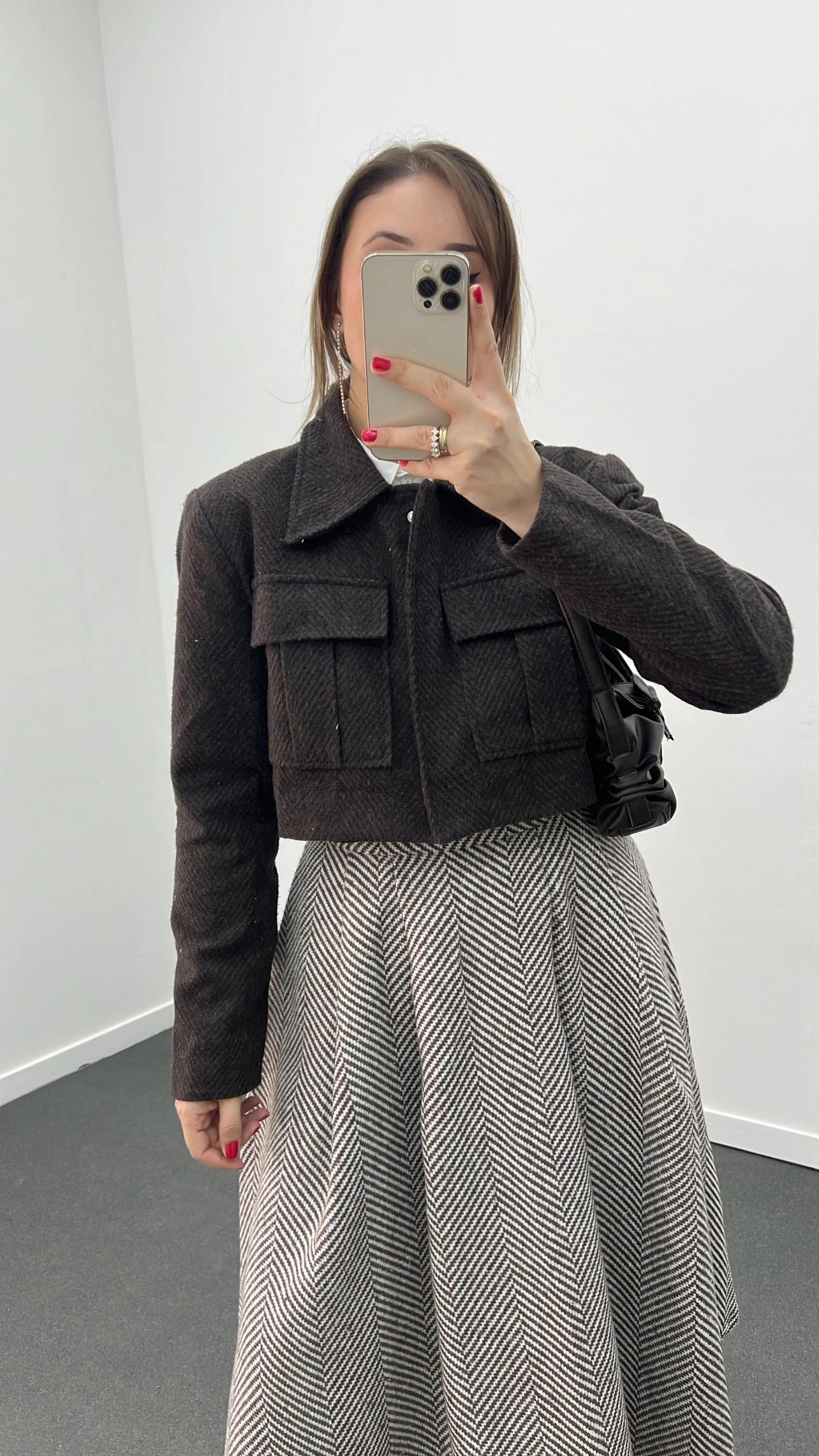 ZR Acı Kahve Çizgili Cep Detaylı Kaşe Ceket