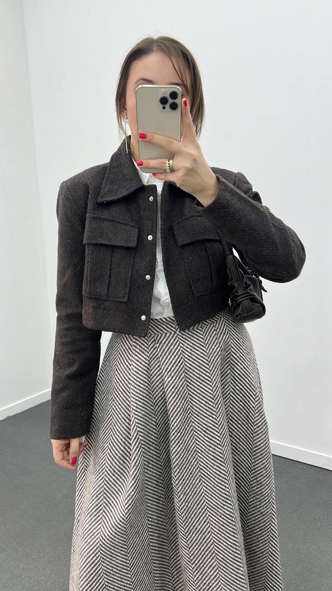 ZR Acı Kahve Çizgili Cep Detaylı Kaşe Ceket