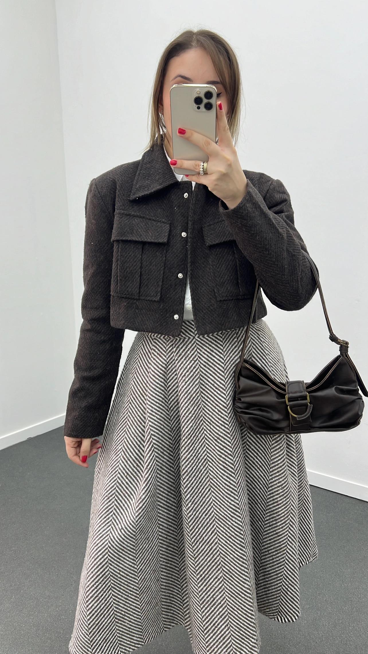 ZR Acı Kahve Çizgili Cep Detaylı Kaşe Ceket