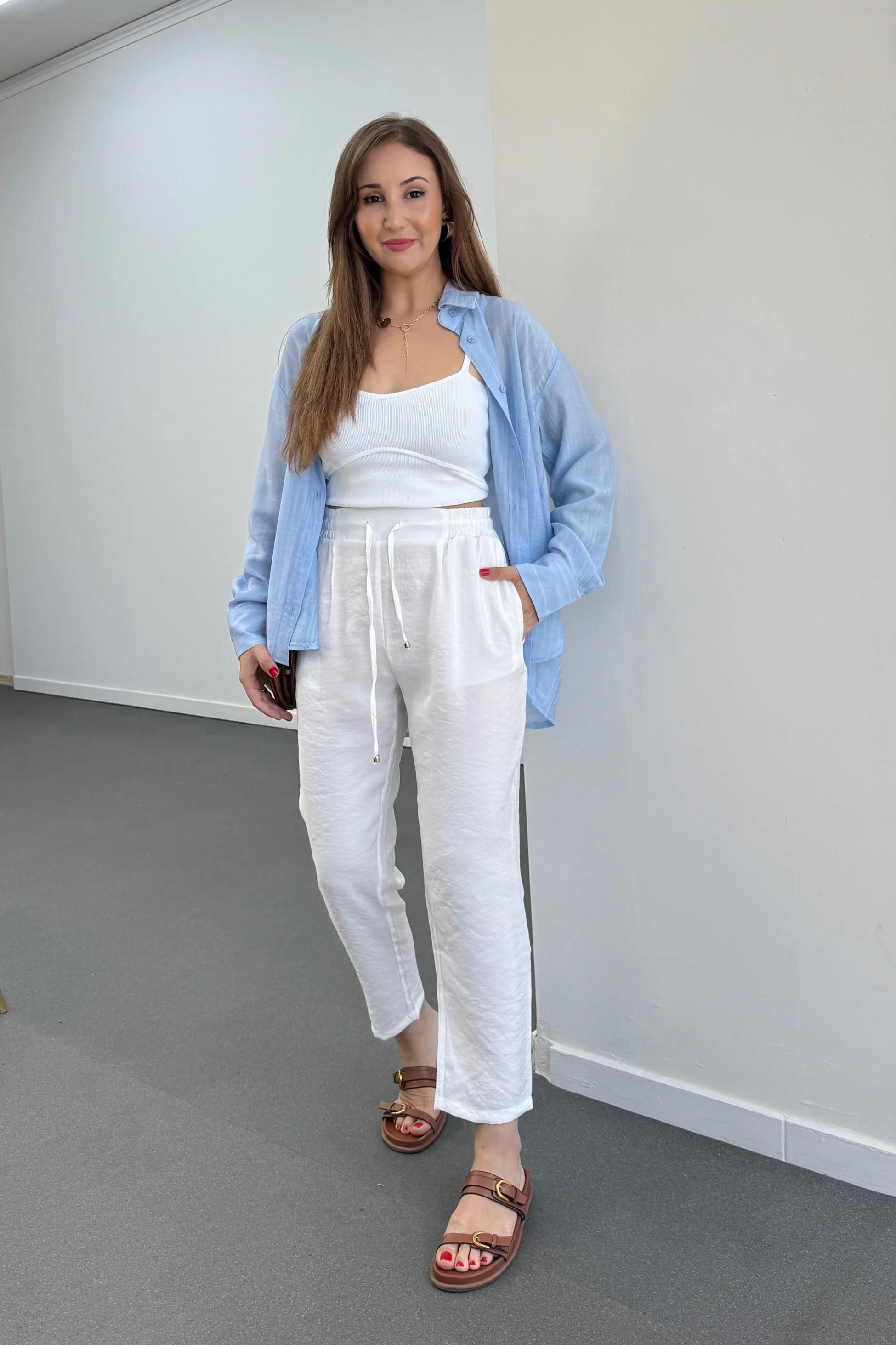 ZR Bohemian Beyaz Tensel Kumaş Premium Pantolon