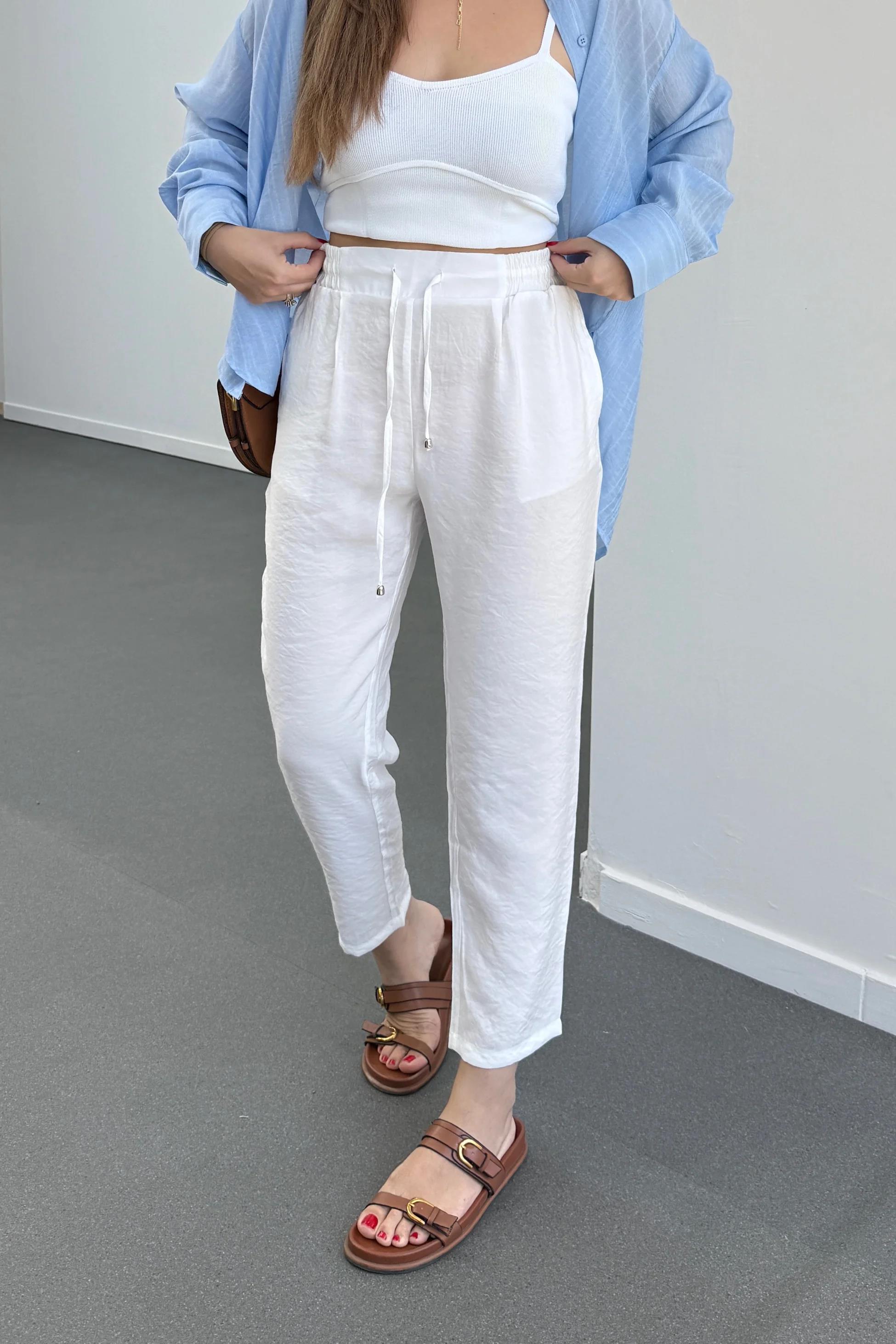 ZR Bohemian Beyaz Tensel Kumaş Premium Pantolon