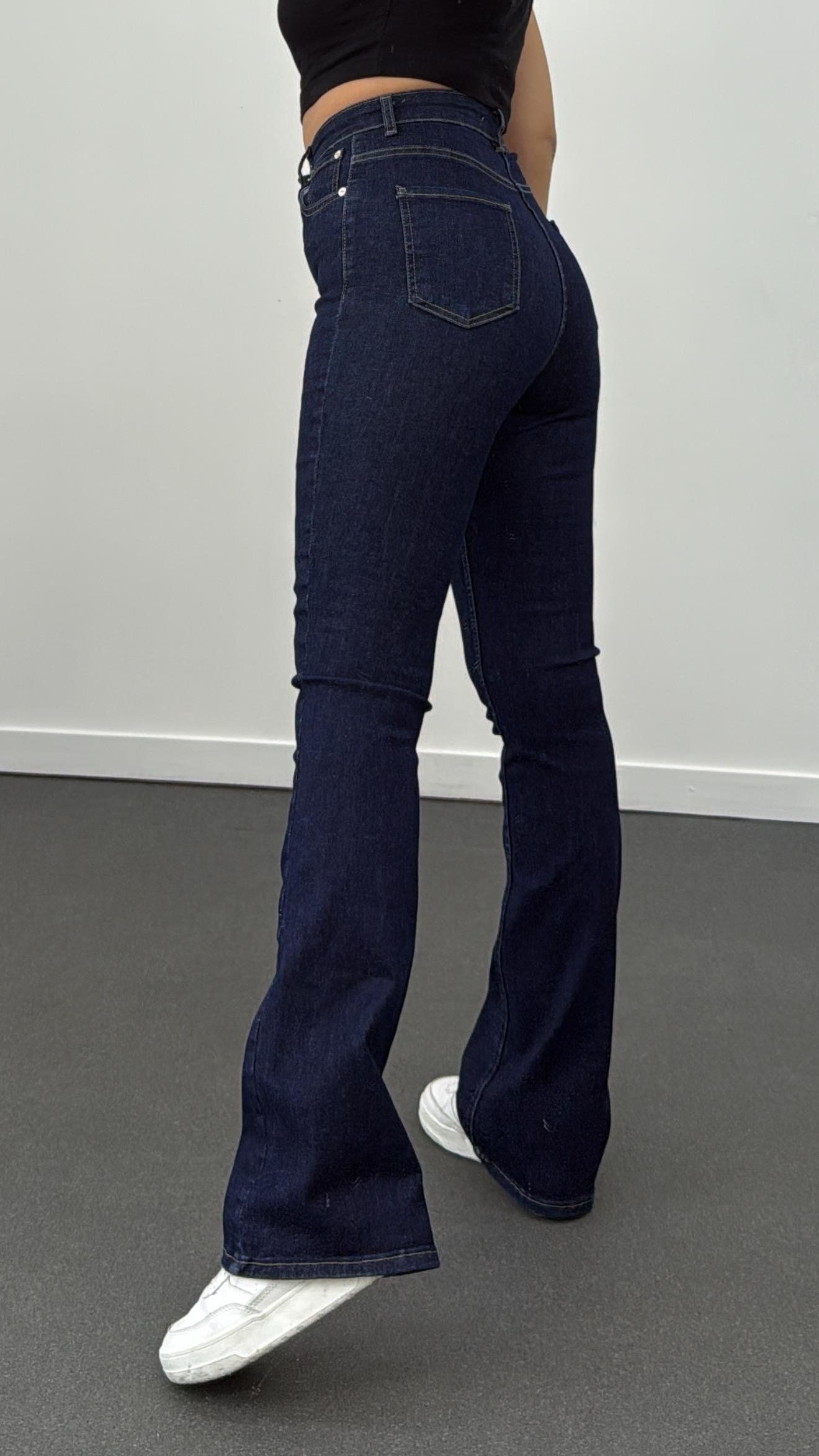 ZR Dark Blue Extra Yüksek Bel Full Likralı Flare Jeans