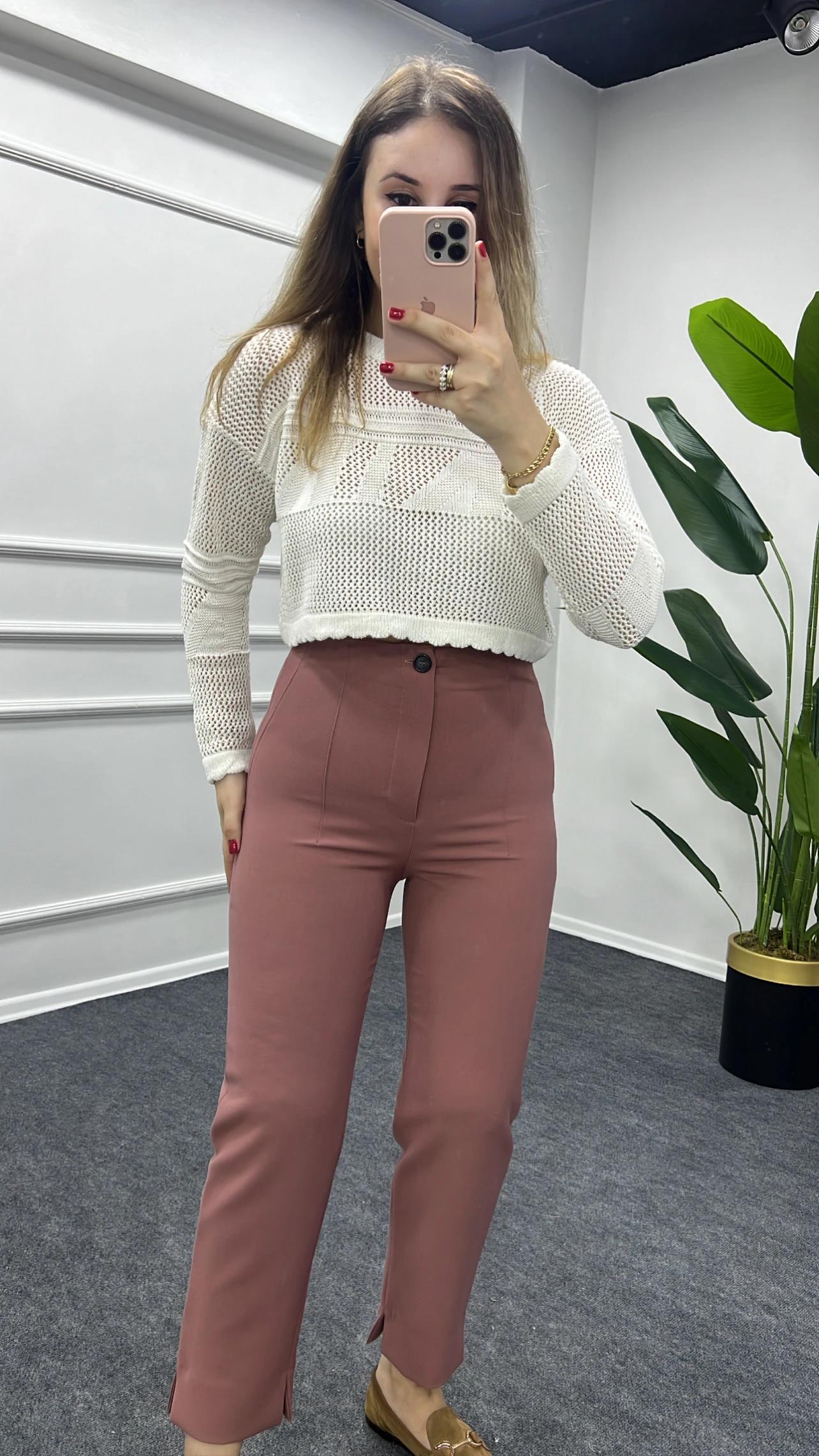 ZR Gül Kurusu Renk Düğmeli Kumaş Pantolon