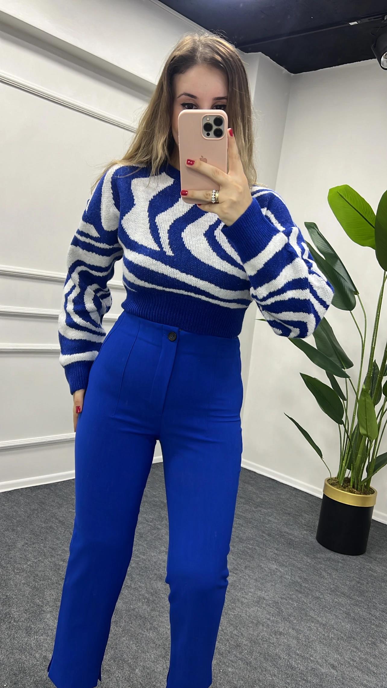 ZR Saks Mavi Renk Düğmeli Kumaş Pantolon