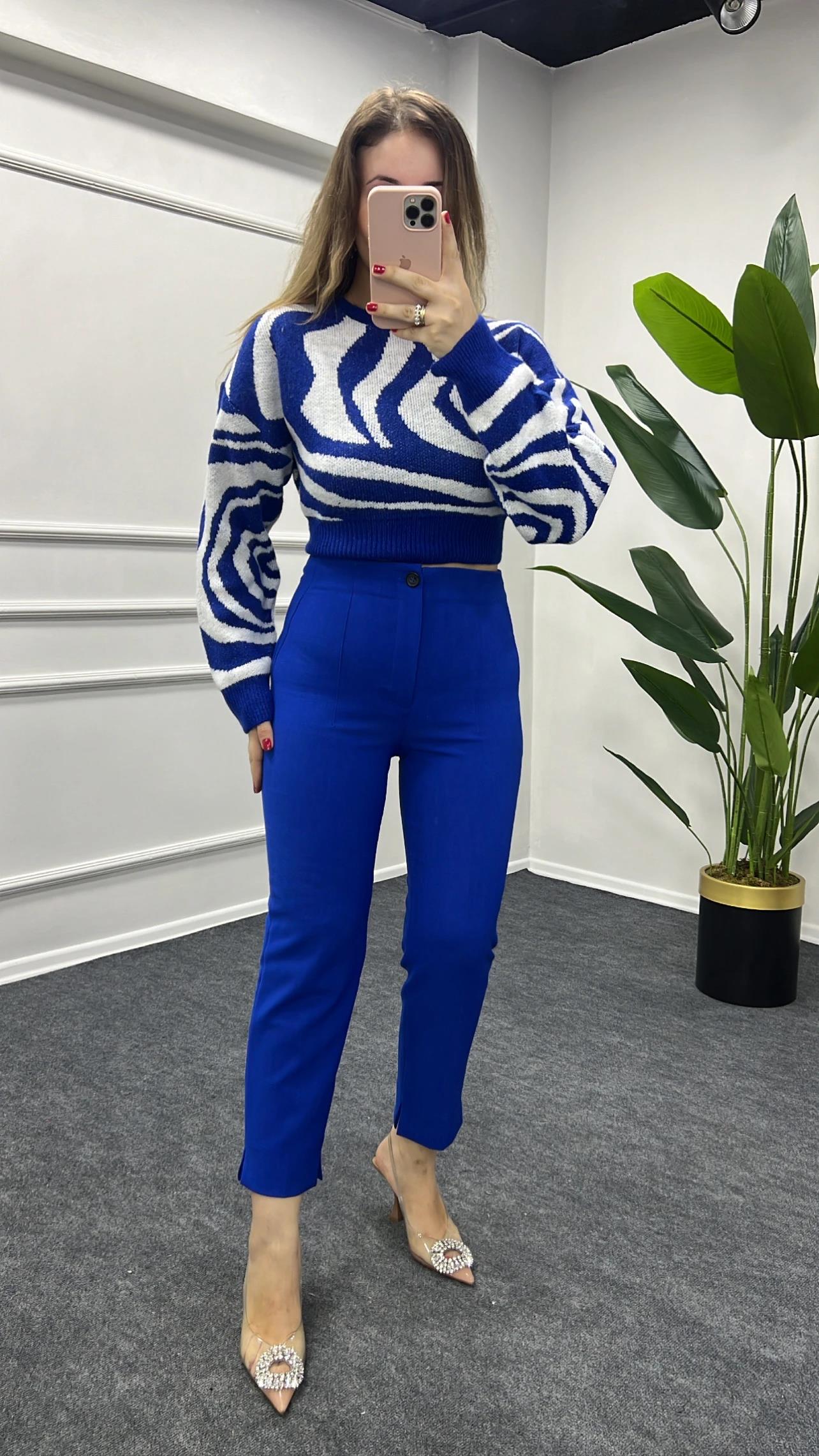 ZR Saks Mavi Renk Düğmeli Kumaş Pantolon