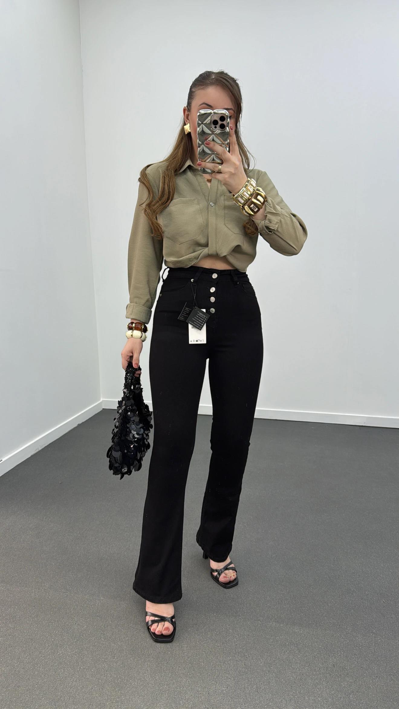 Zr Siyah Renk 4 Düğmeli Extra Yüksek Bel Full Likralı Flare Jeans