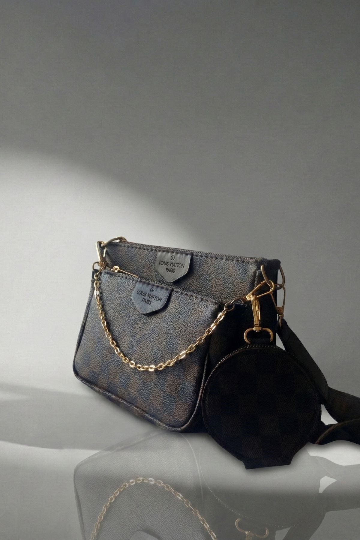 Louis Vuitton 3'lü Model Damalı Deri Omuz Çanta Acı Kahve OMUZ ÇANTASI