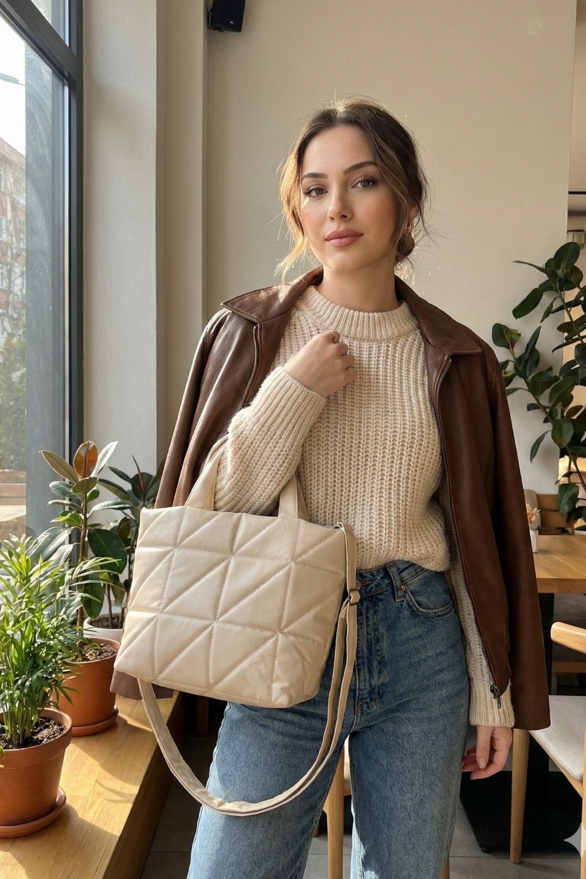 Vivazzaluxe Deri Kapitone Model Kadın Omuz Çanta Krem OMUZ ÇANTASI