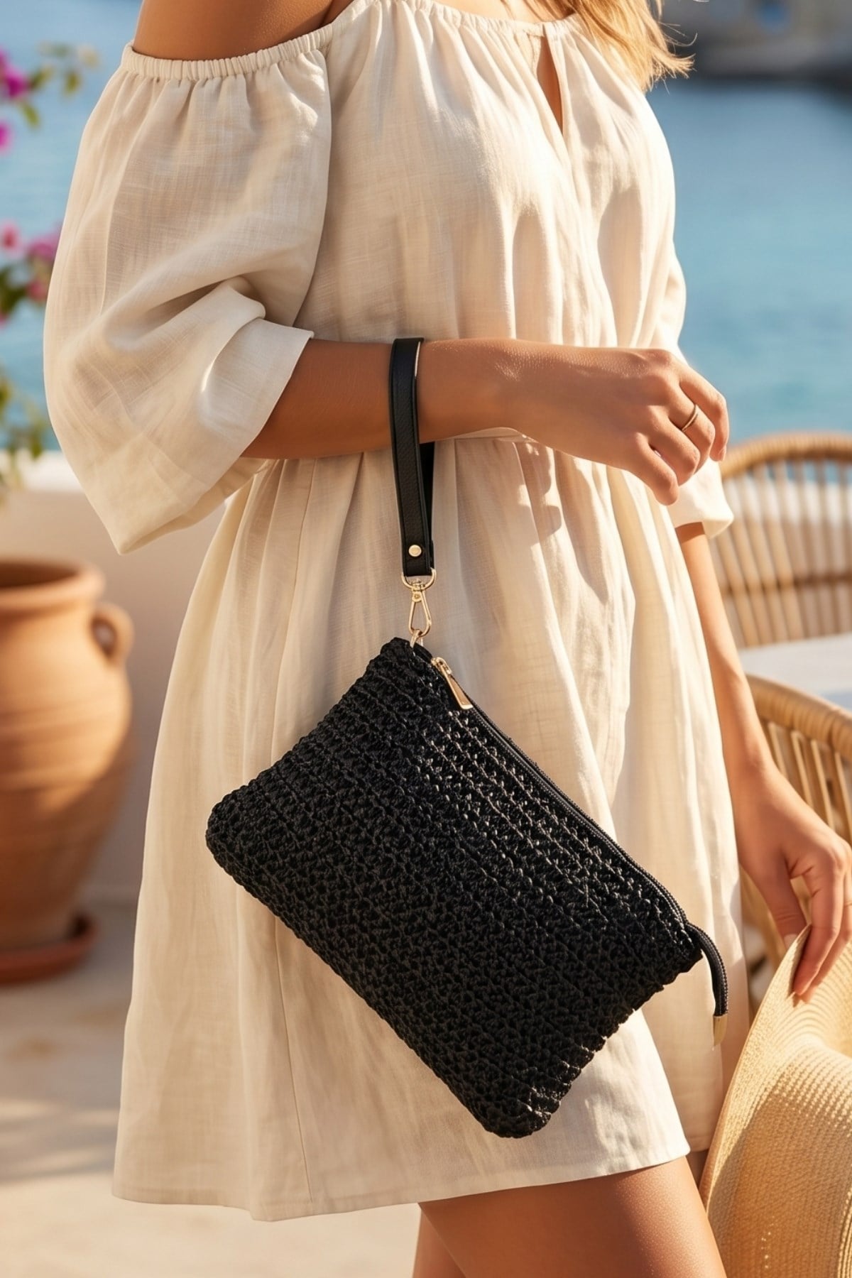 Vivazzaluxe Doğal Hasır Örme Orta Boy Kadın Yazlık Portföy Clutch Çanta Siyah PORTFÖY & CLUTCH