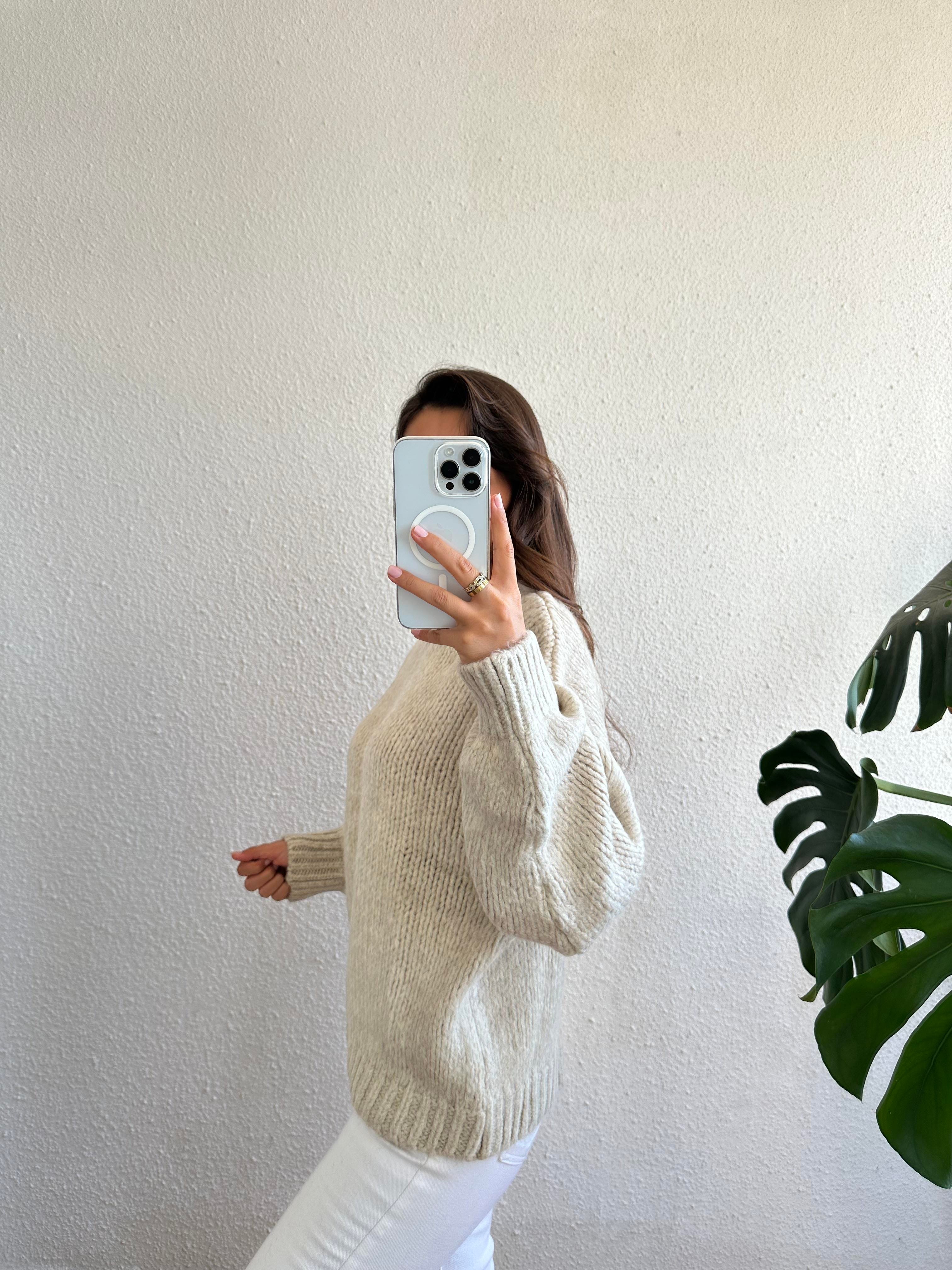 Bisiklet Yaka Oversize Kazak - Açık Bej