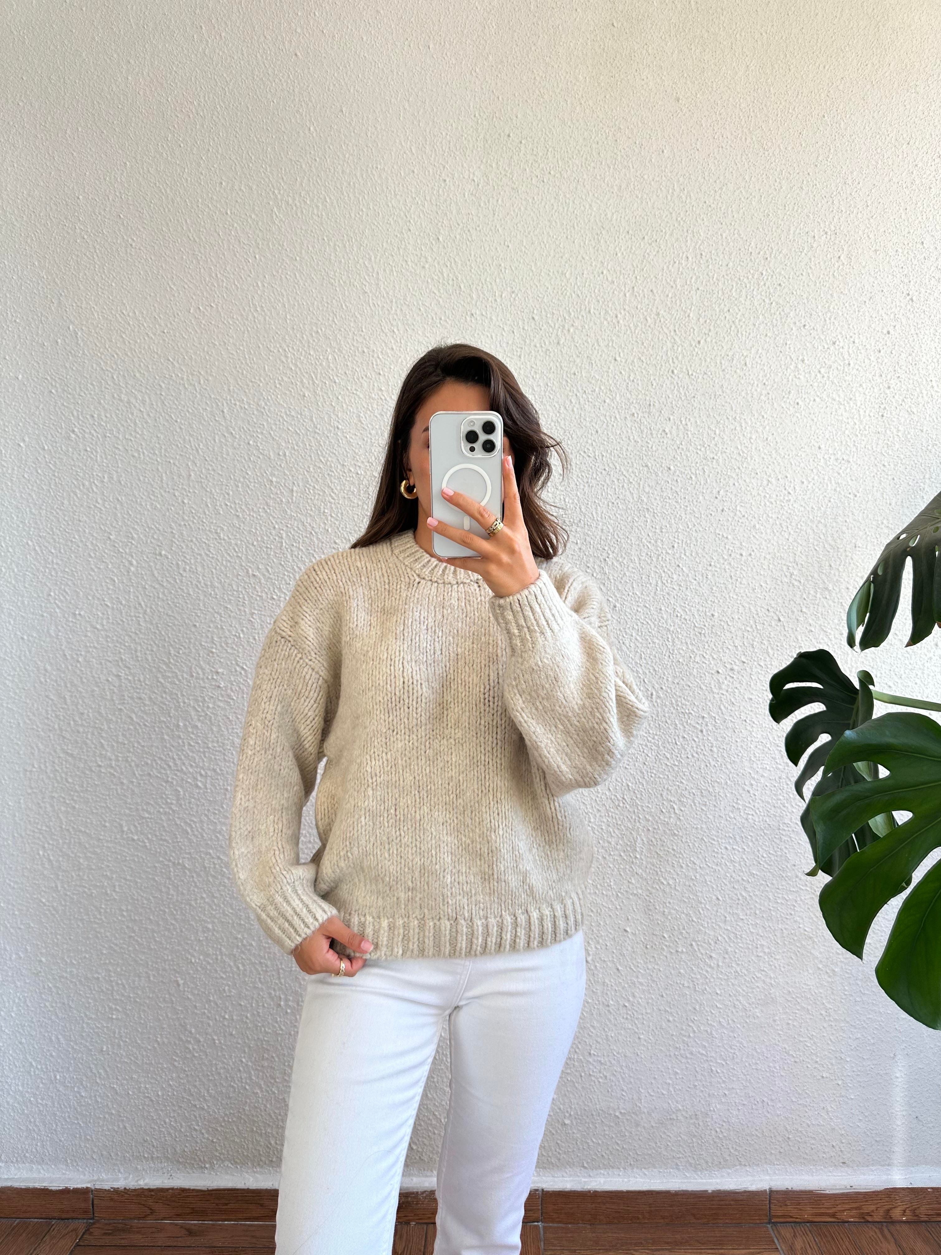 Bisiklet Yaka Oversize Kazak - Açık Bej