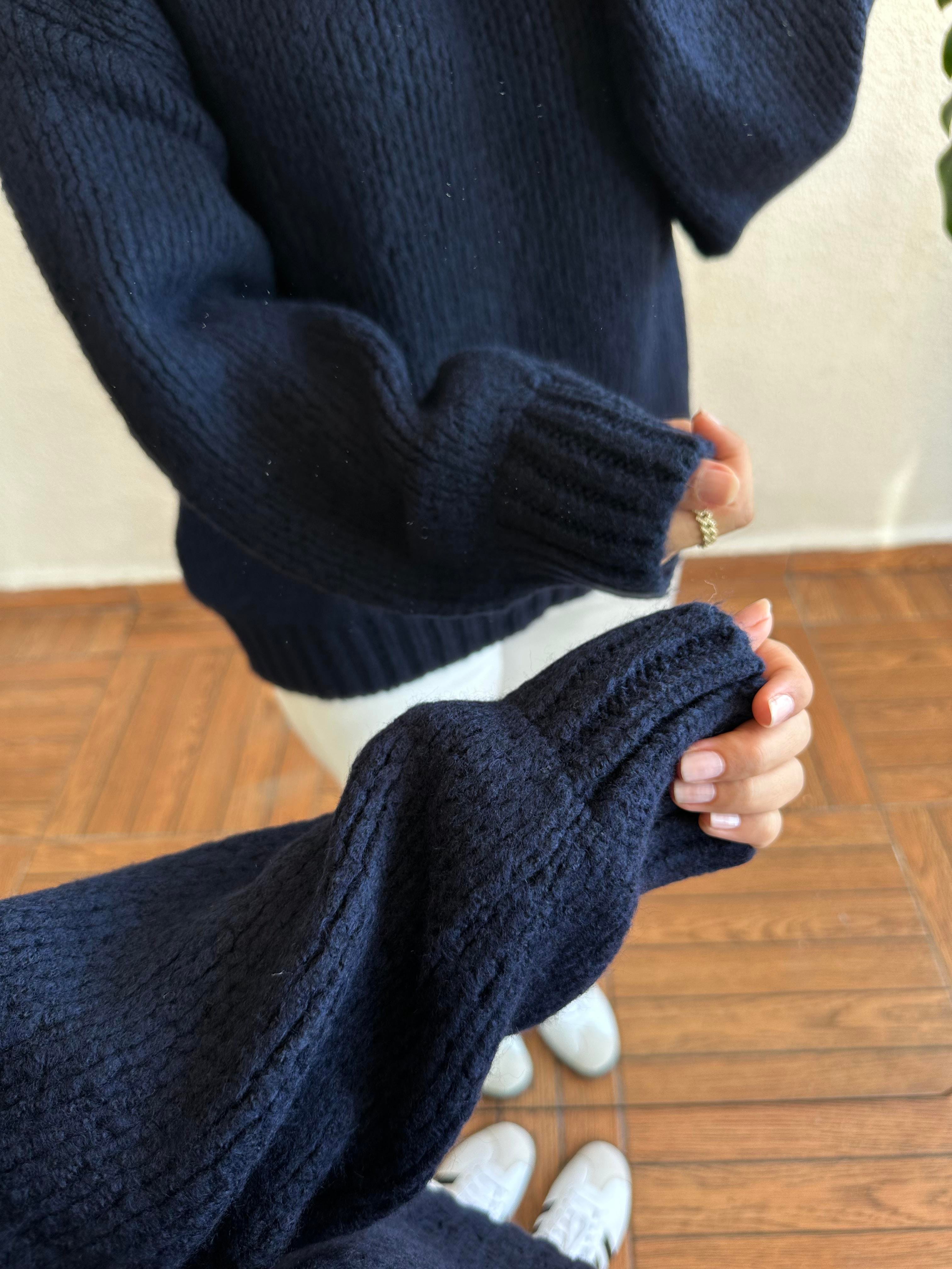 Bisiklet Yaka Oversize Kazak - Lacivert