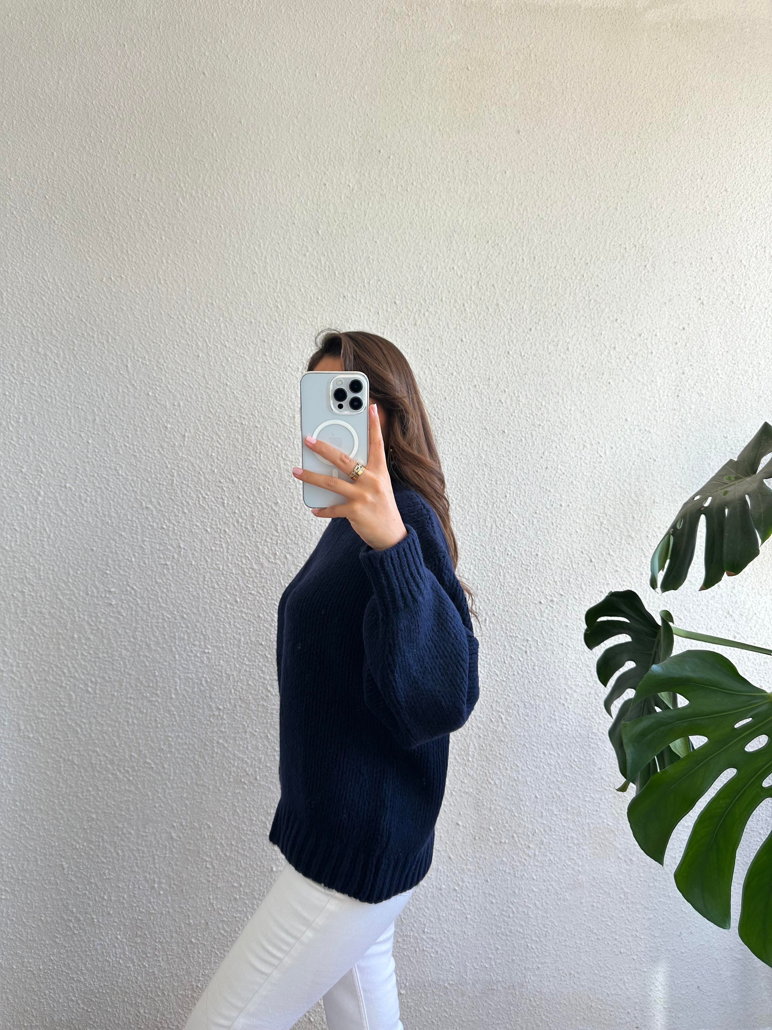 Bisiklet Yaka Oversize Kazak - Lacivert