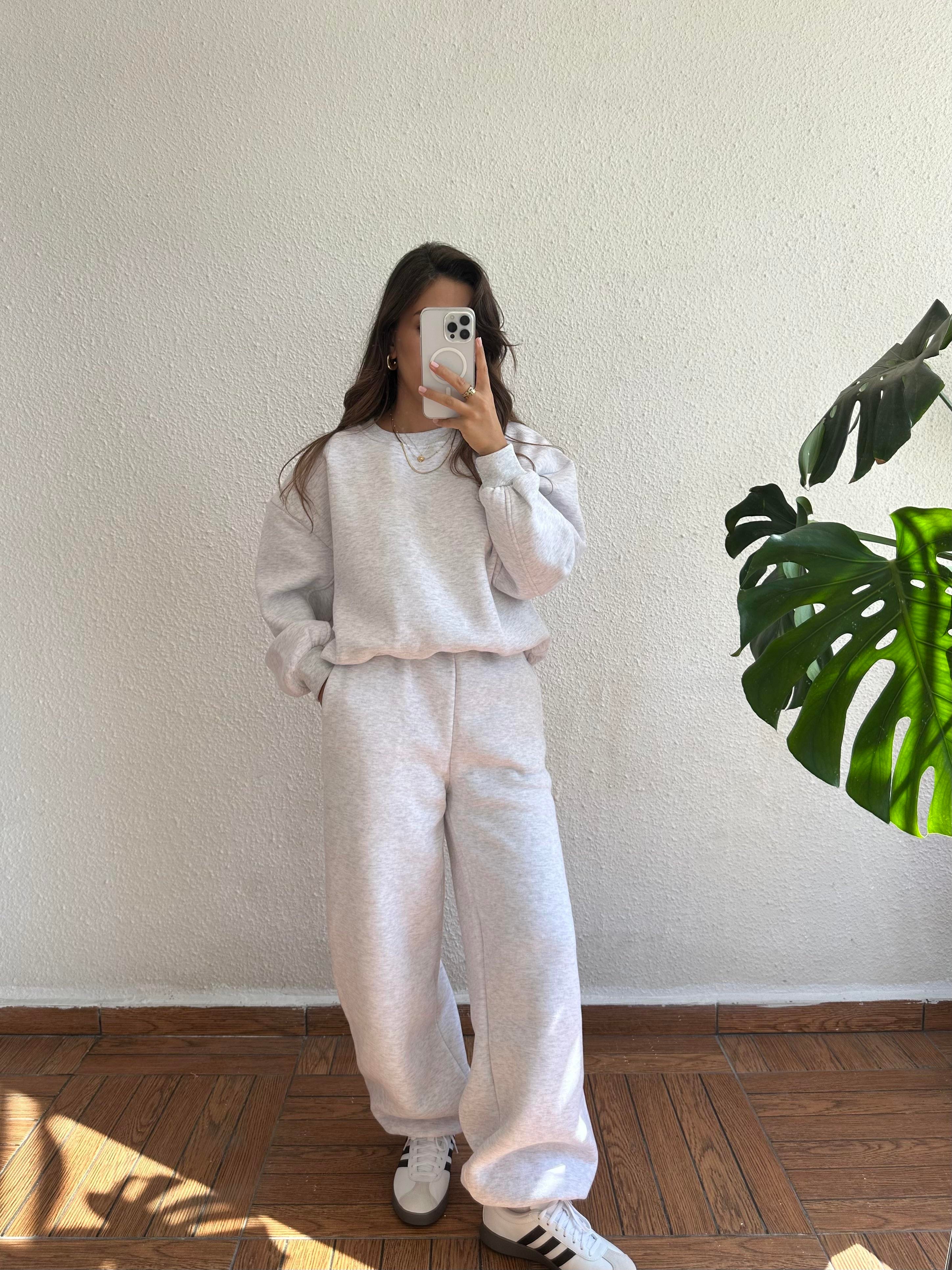 Bisiklet Yaka Sweat Pantolon Takım - Gri