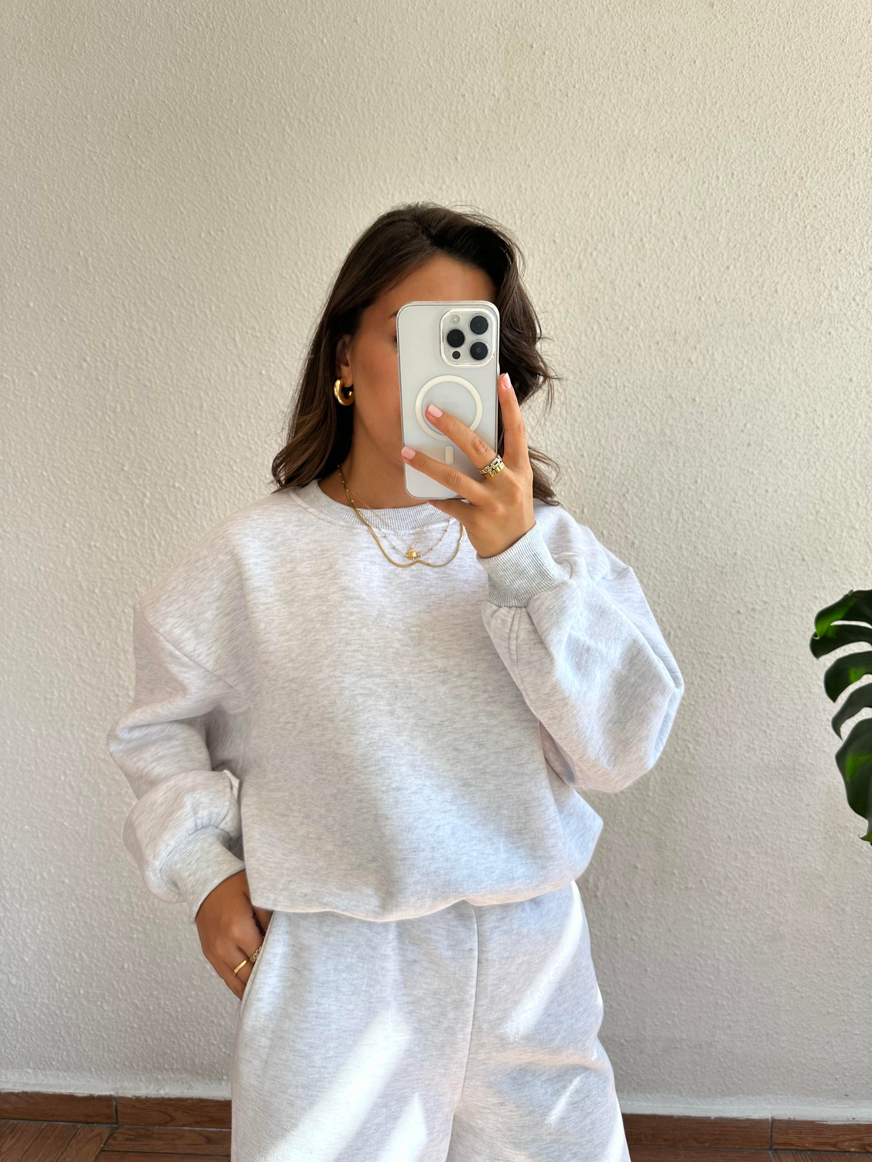 Bisiklet Yaka Sweat Pantolon Takım - Gri