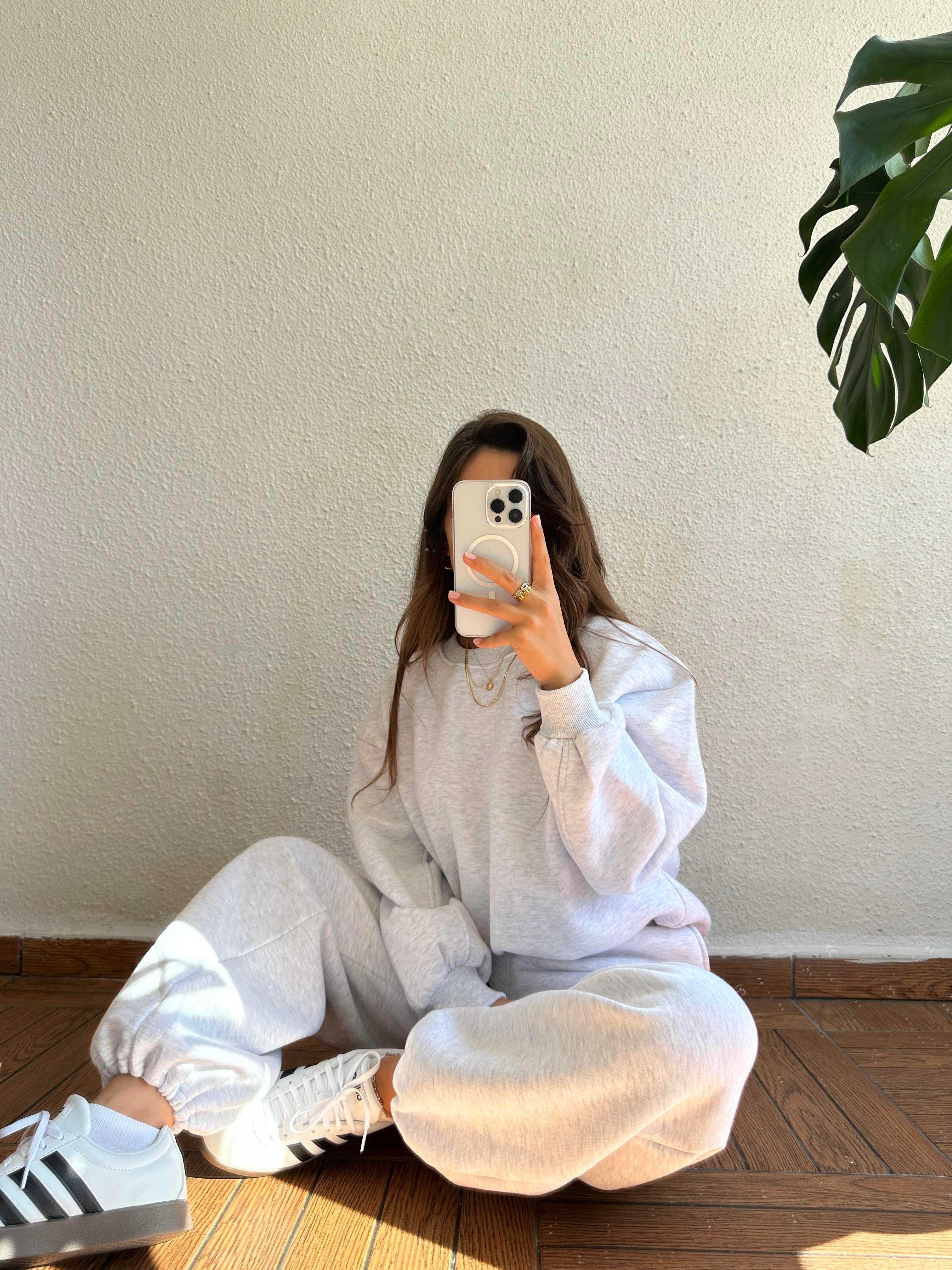 Bisiklet Yaka Sweat Pantolon Takım - Gri