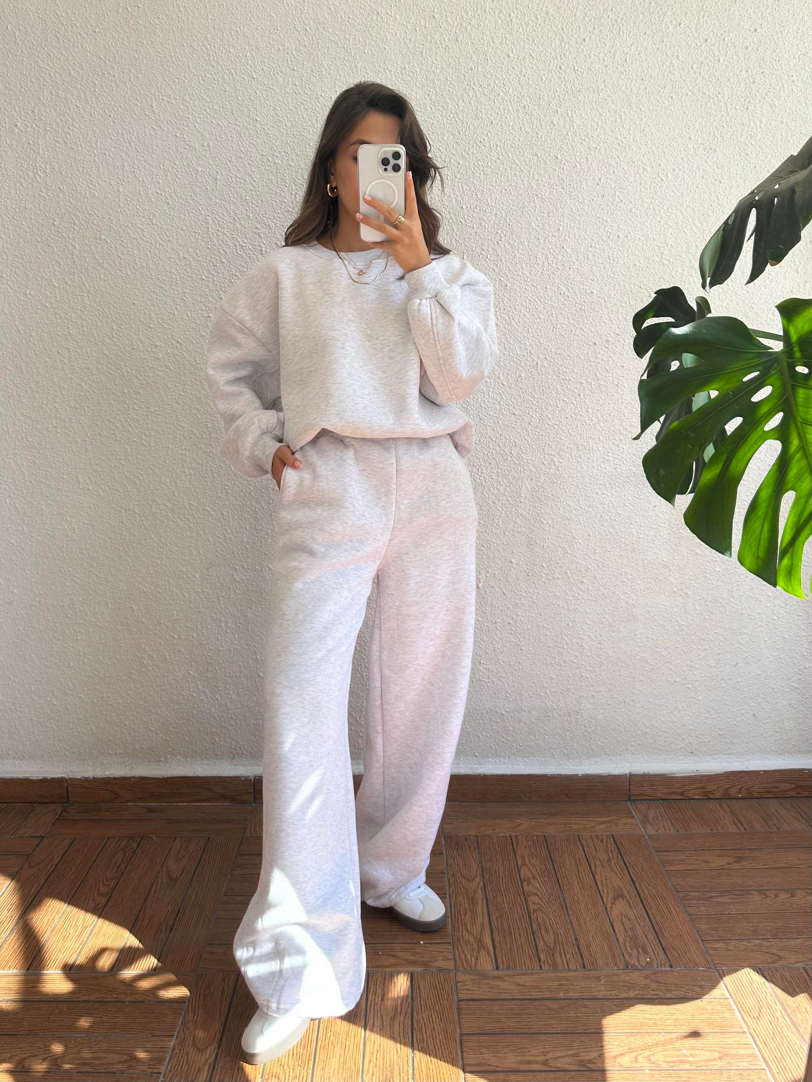 Bisiklet Yaka Sweat Pantolon Takım - Gri