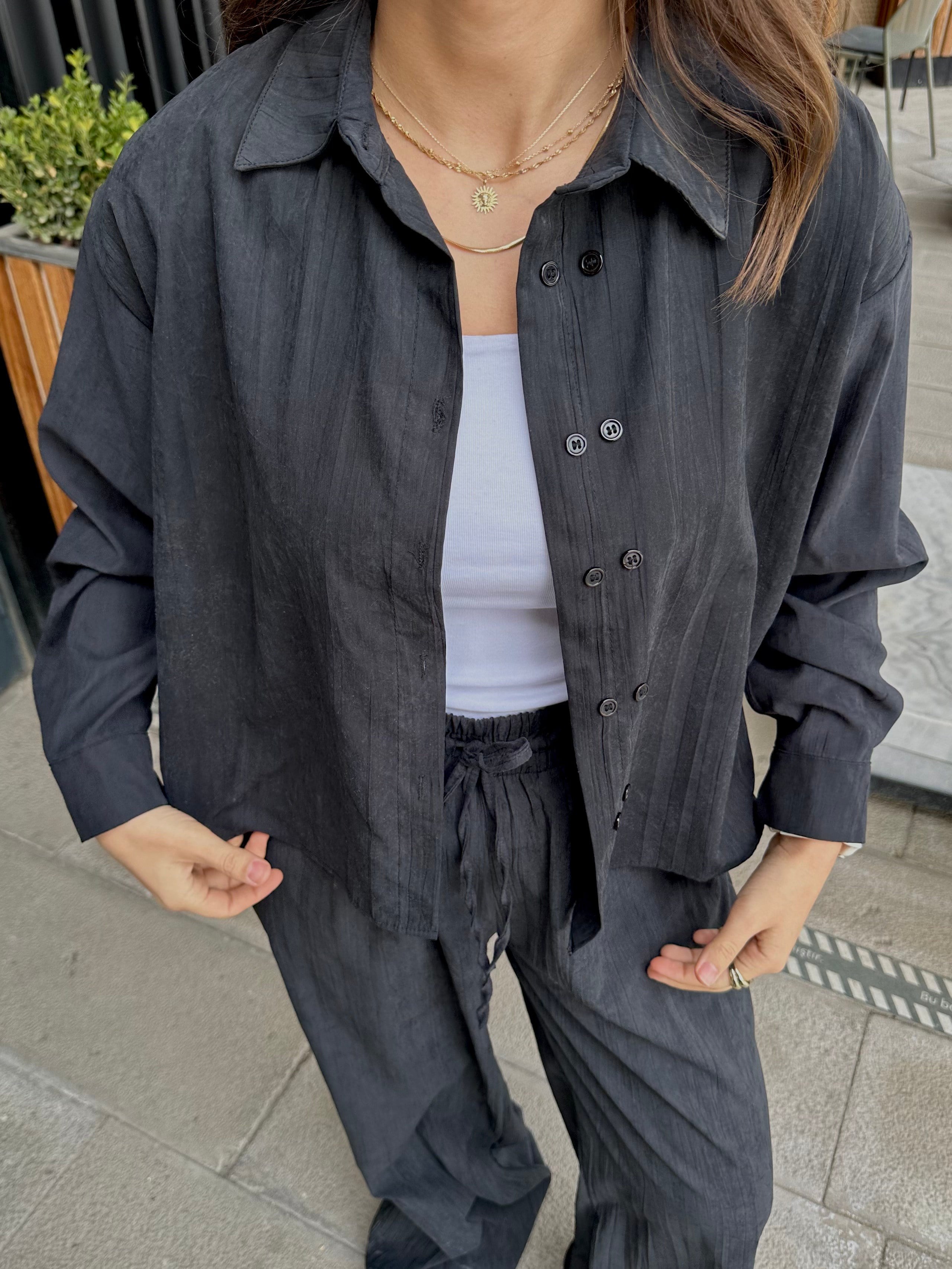 Çift Düğme Tencel Pantolon Takım - Siyah