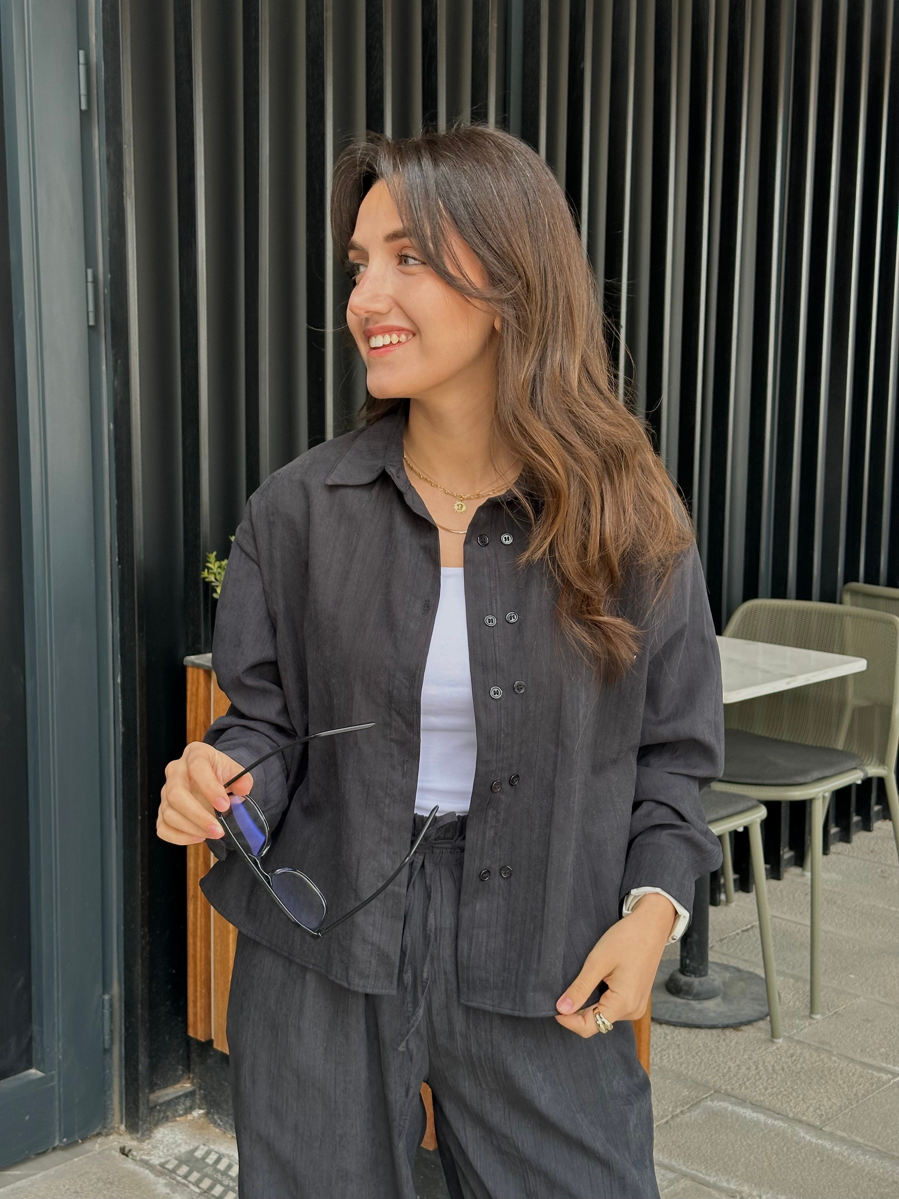 Çift Düğme Tencel Pantolon Takım - Siyah