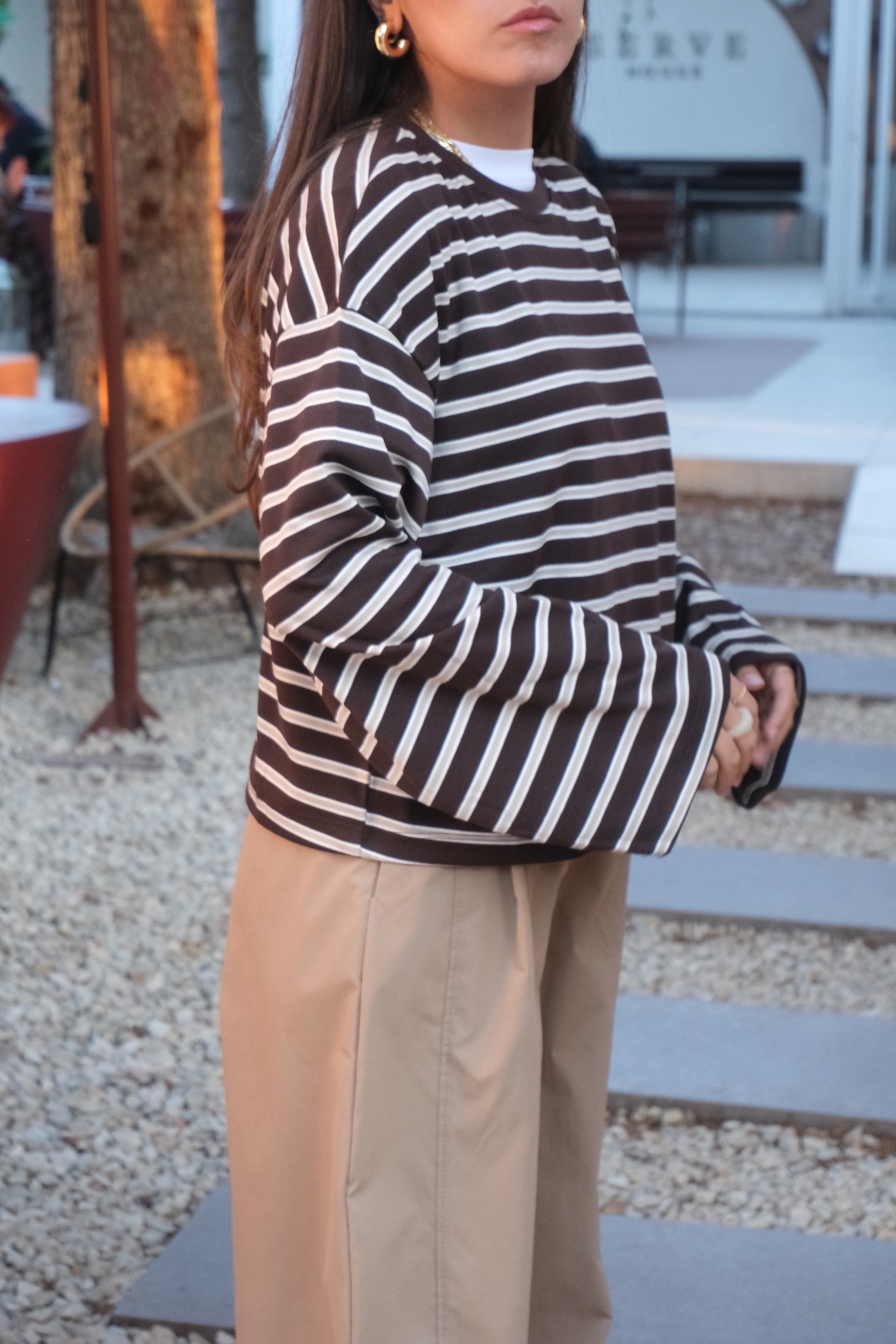 Çizgili Basic Bluz - Kahverengi