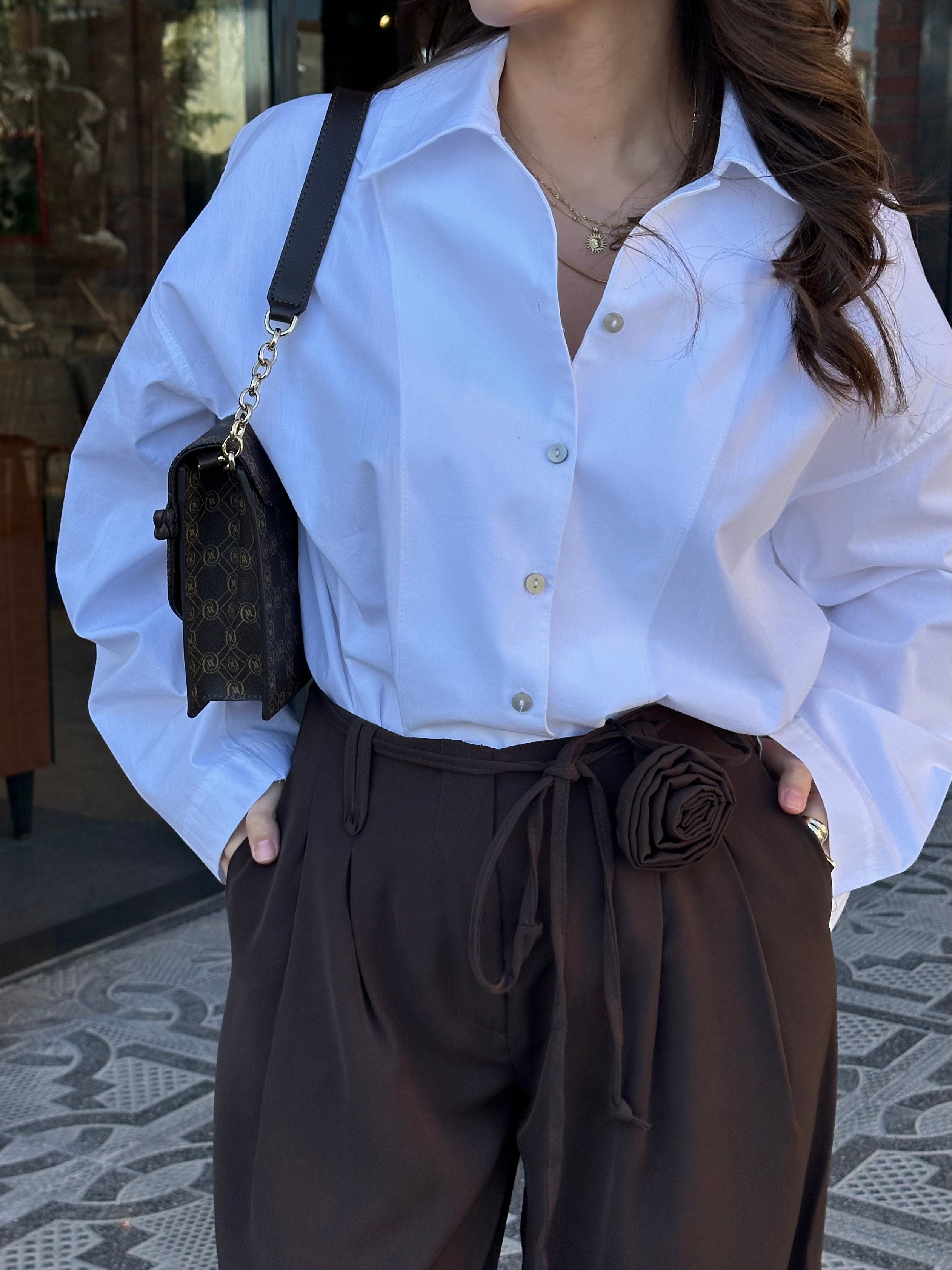Gül Broşlu Krep Kumaş Pantolon - Kahverengi