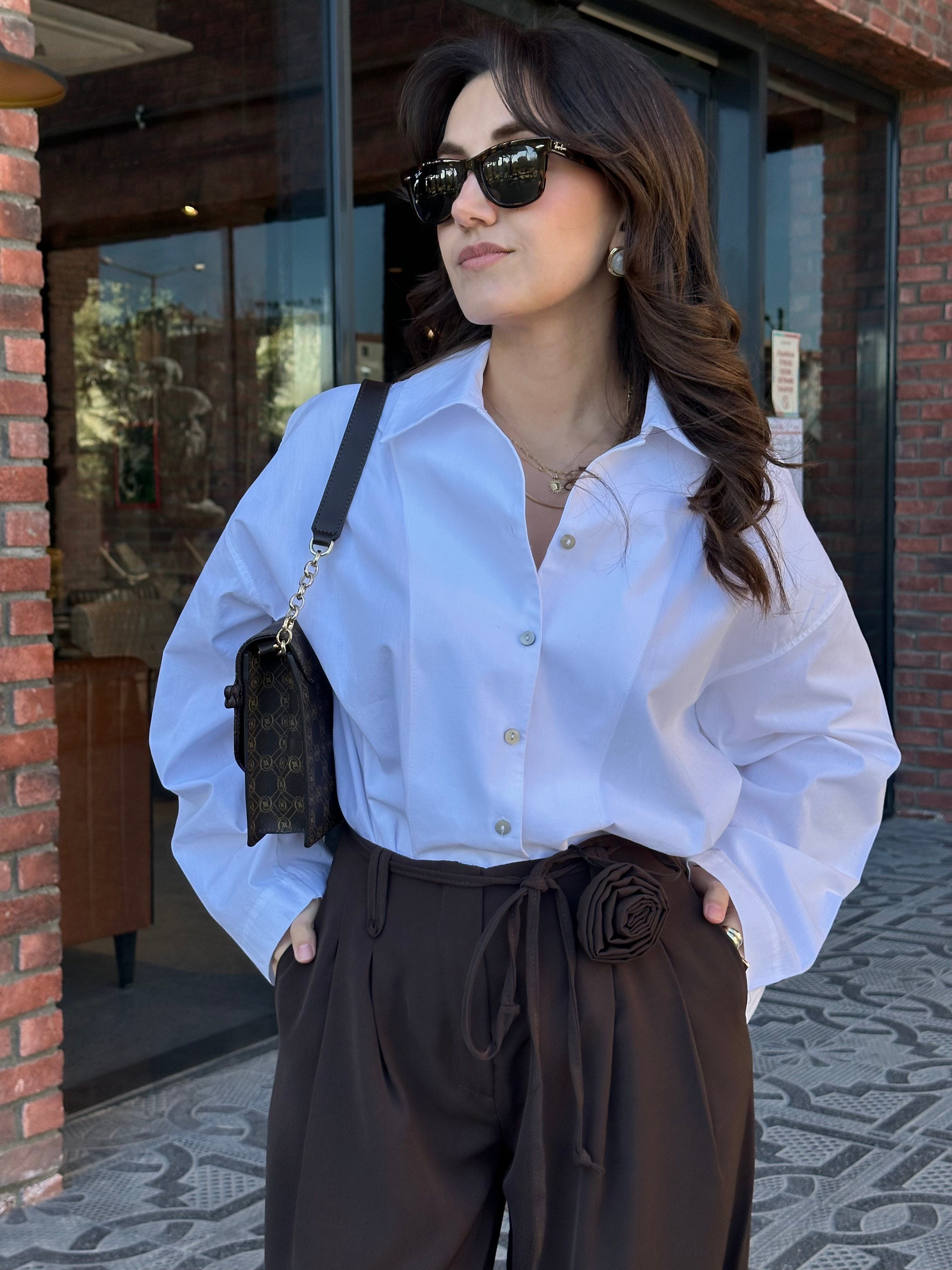 Gül Broşlu Krep Kumaş Pantolon - Kahverengi